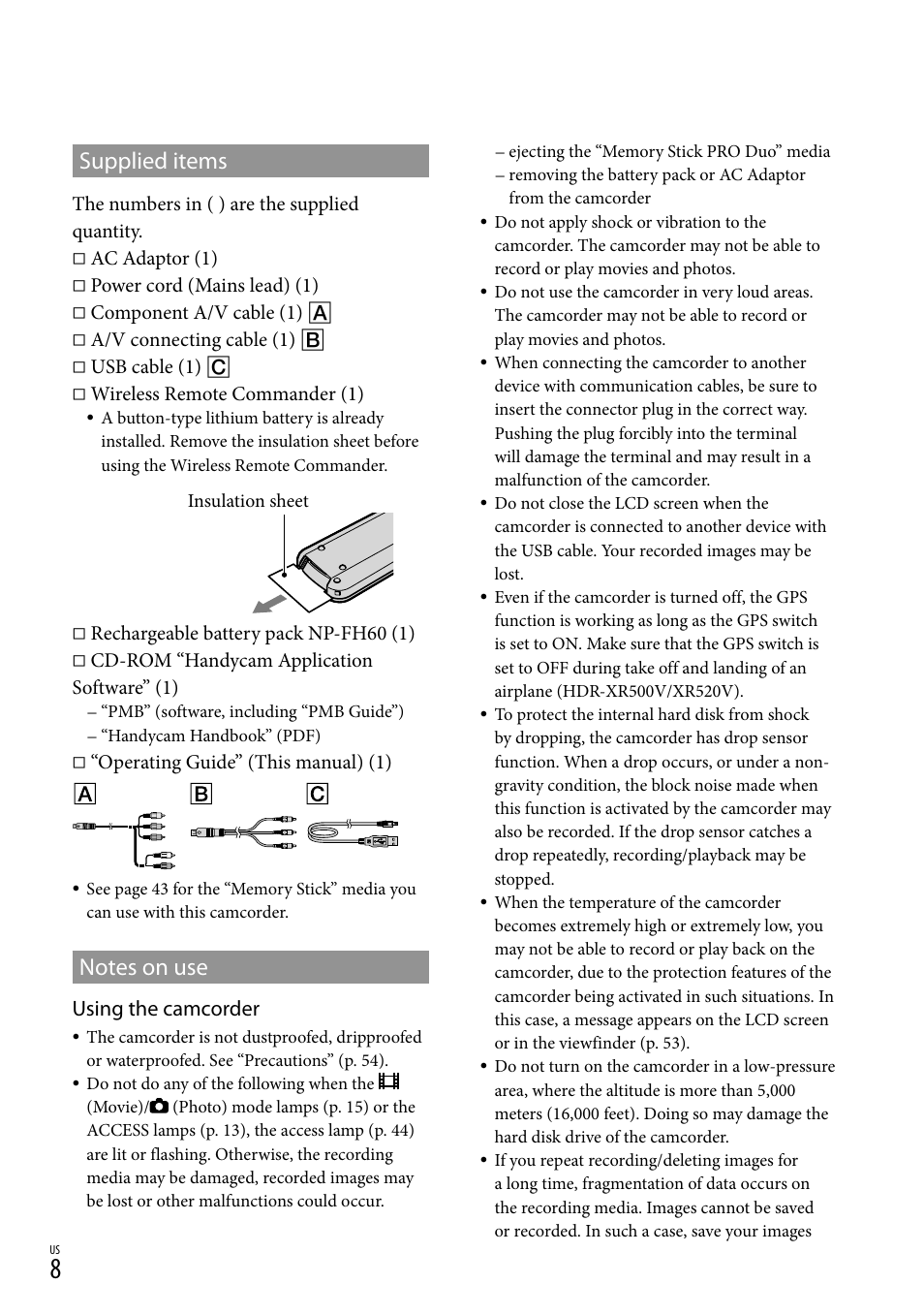 Supplied items, Using the camcorder | Sony HDR-XR500V User Manual | Page 8 / 131