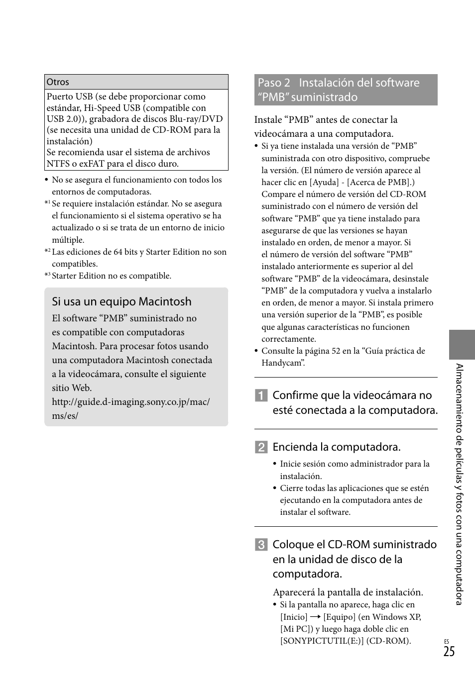 Si usa un equipo macintosh, Paso 2 instalación del software “pmb” suministrado | Sony HDR-XR500V User Manual | Page 89 / 131