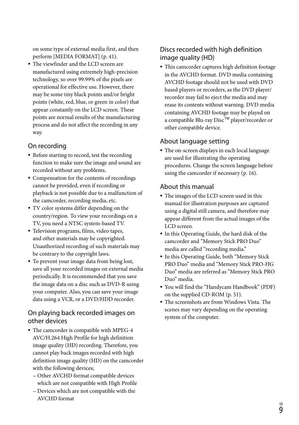 On recording, On playing back recorded images on other devices, About language setting | About this manual | Sony HDR-XR500V User Manual | Page 9 / 131