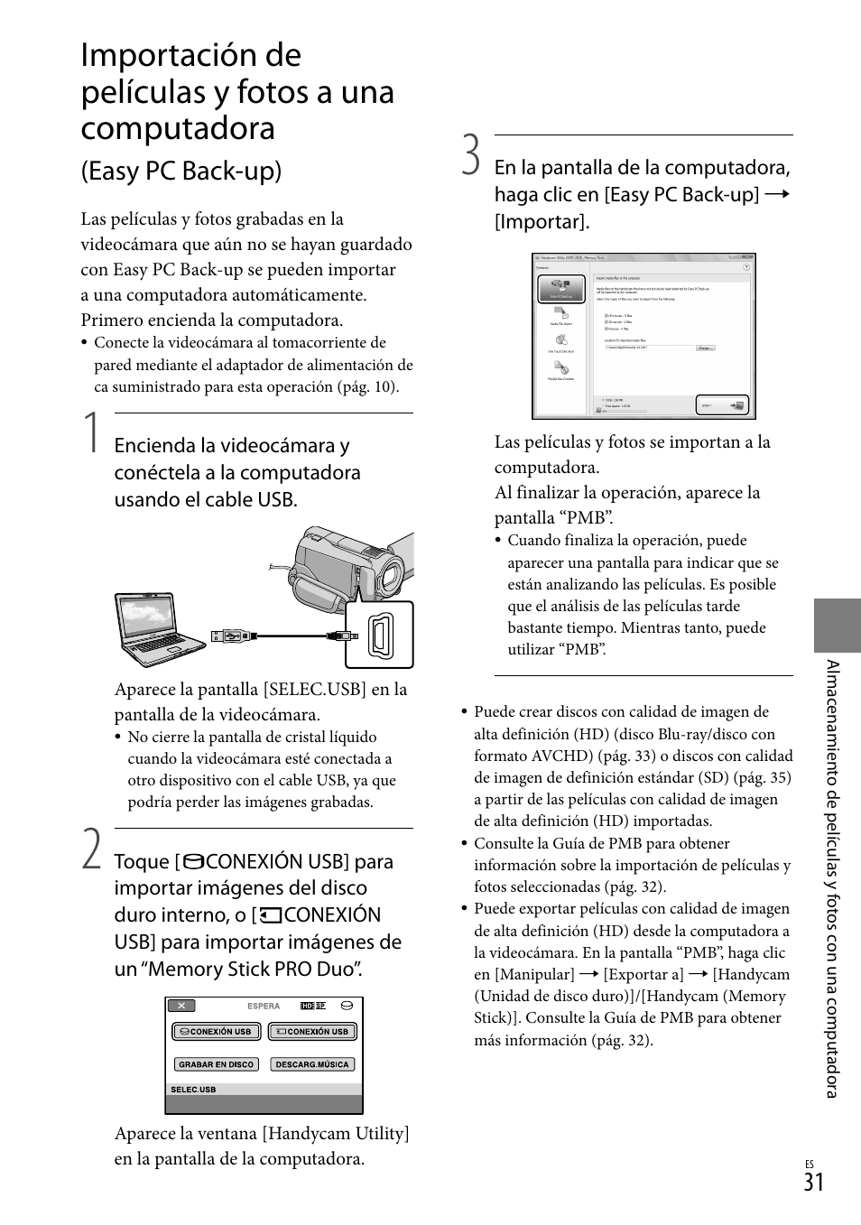 Importación de películas y fotos a una computadora, Easy pc back-up) | Sony HDR-XR500V User Manual | Page 95 / 131