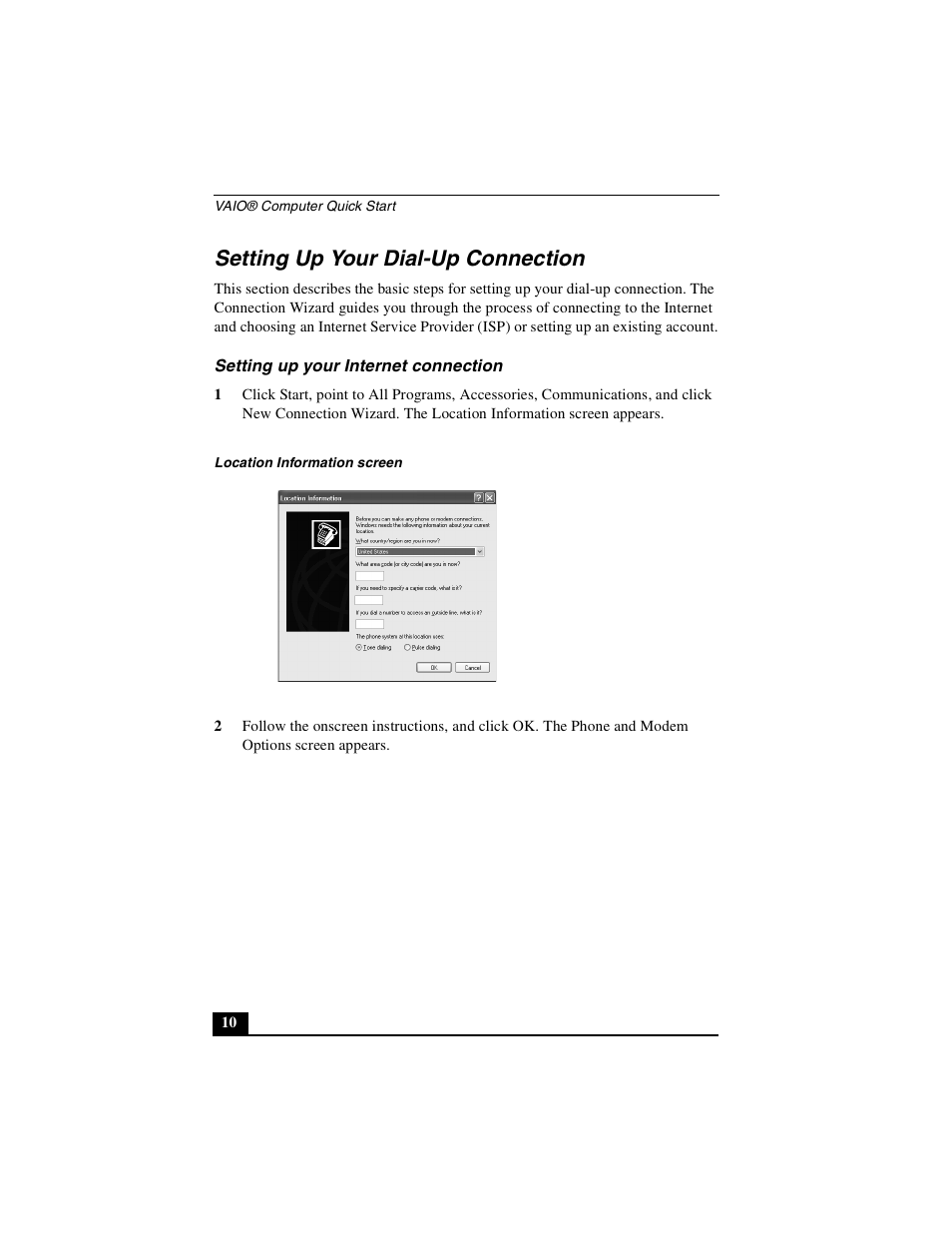 Setting up your dial-up connection, Setting up your internet connection | Sony PCG-FXA53 User Manual | Page 10 / 56