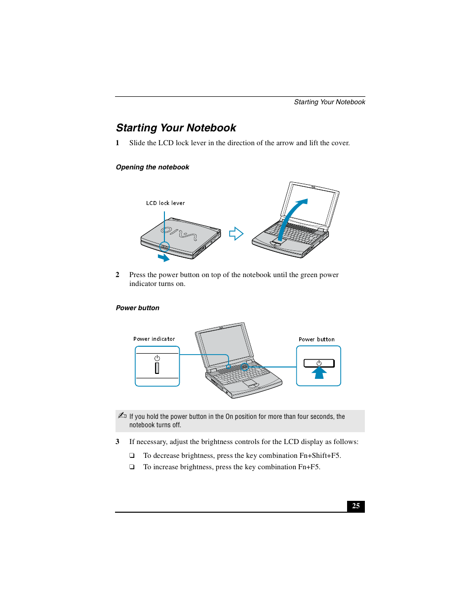 Starting your notebook | Sony PCG-FXA53 User Manual | Page 25 / 56