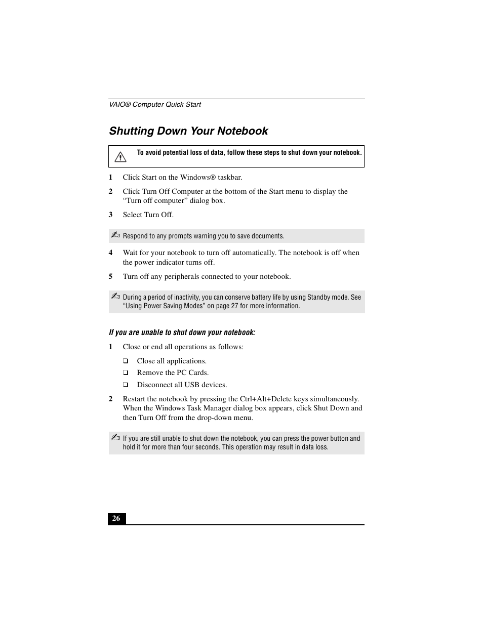 Shutting down your notebook | Sony PCG-FXA53 User Manual | Page 26 / 56