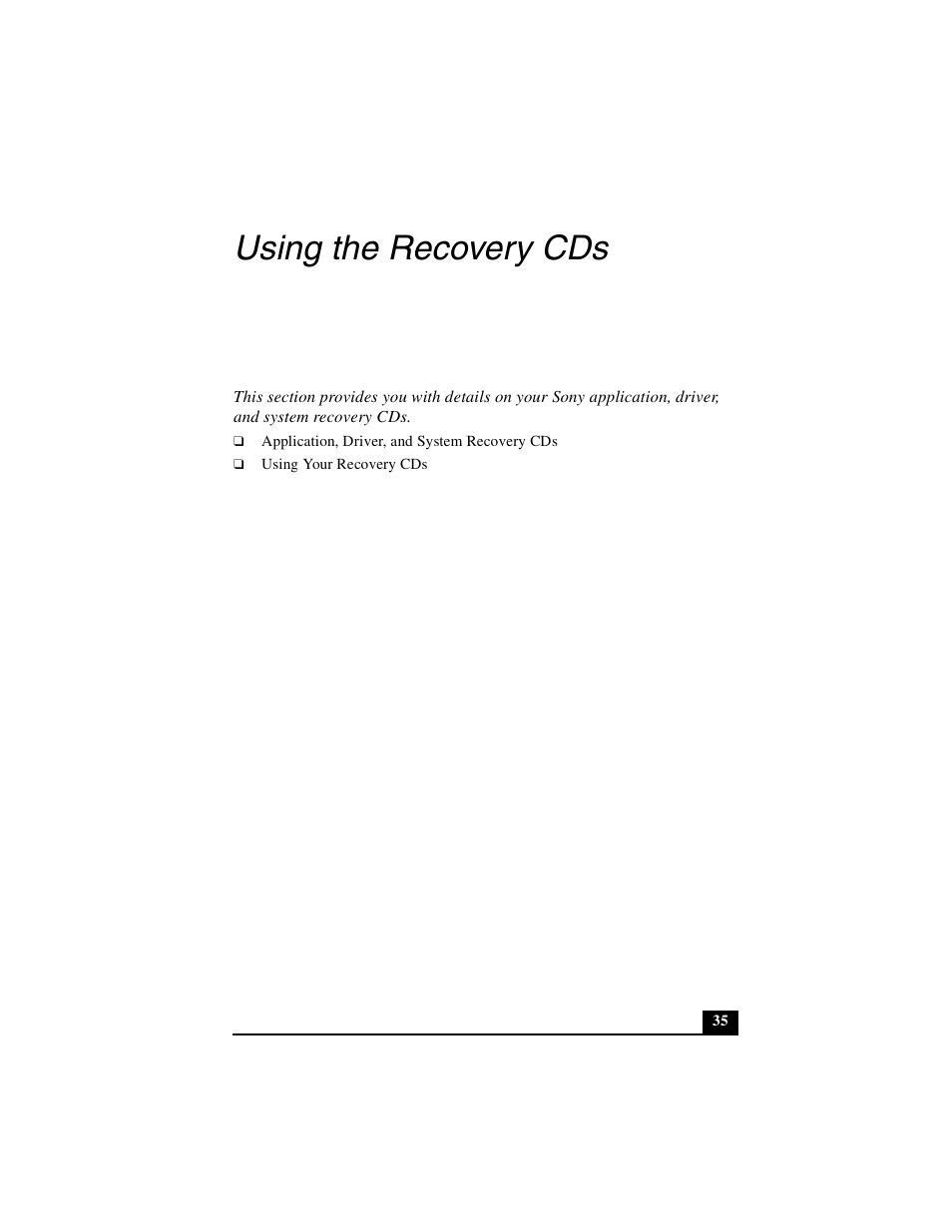 Using the recovery cds | Sony PCG-FXA53 User Manual | Page 35 / 56