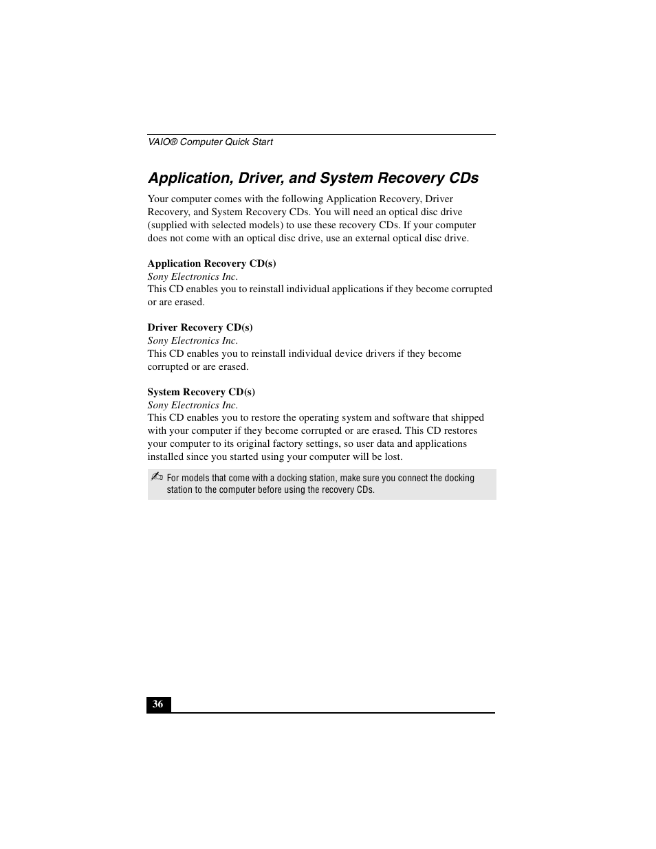 Application, driver, and system recovery cds | Sony PCG-FXA53 User Manual | Page 36 / 56