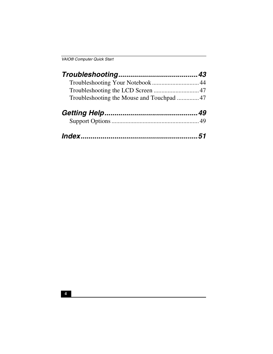 Troubleshooting, Getting help, Index | Sony PCG-FXA53 User Manual | Page 4 / 56