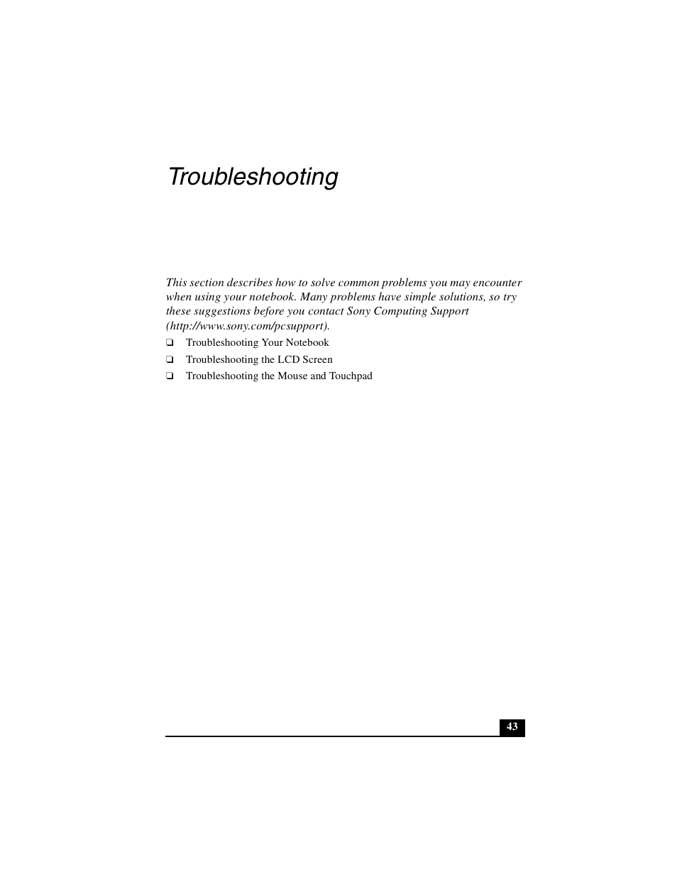 Troubleshooting | Sony PCG-FXA53 User Manual | Page 43 / 56