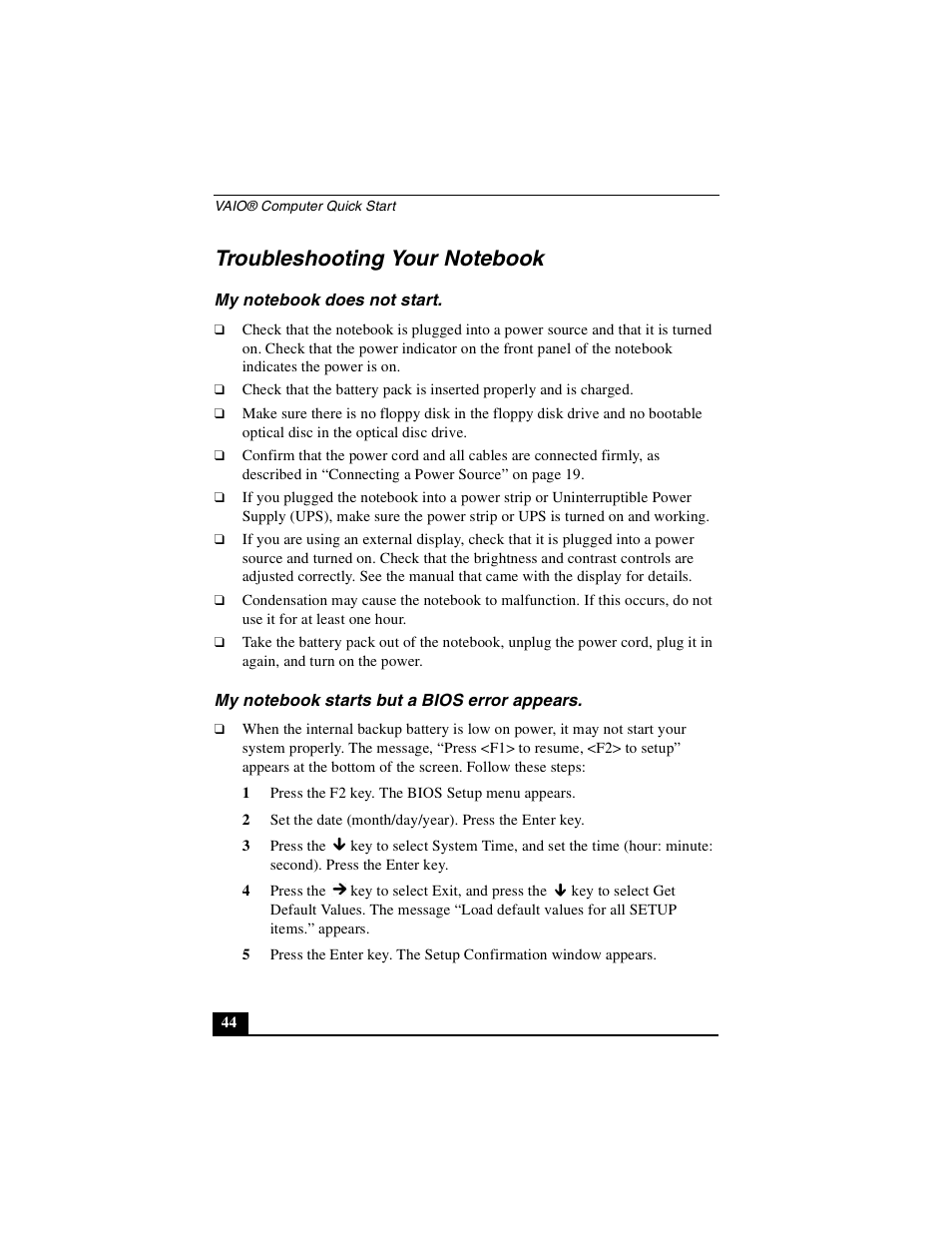 Troubleshooting your notebook, My notebook does not start, My notebook starts but a bios error appears | Sony PCG-FXA53 User Manual | Page 44 / 56