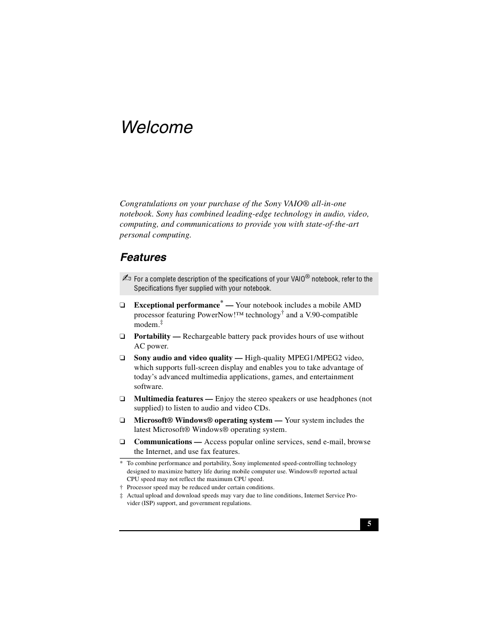 Welcome, Features | Sony PCG-FXA53 User Manual | Page 5 / 56