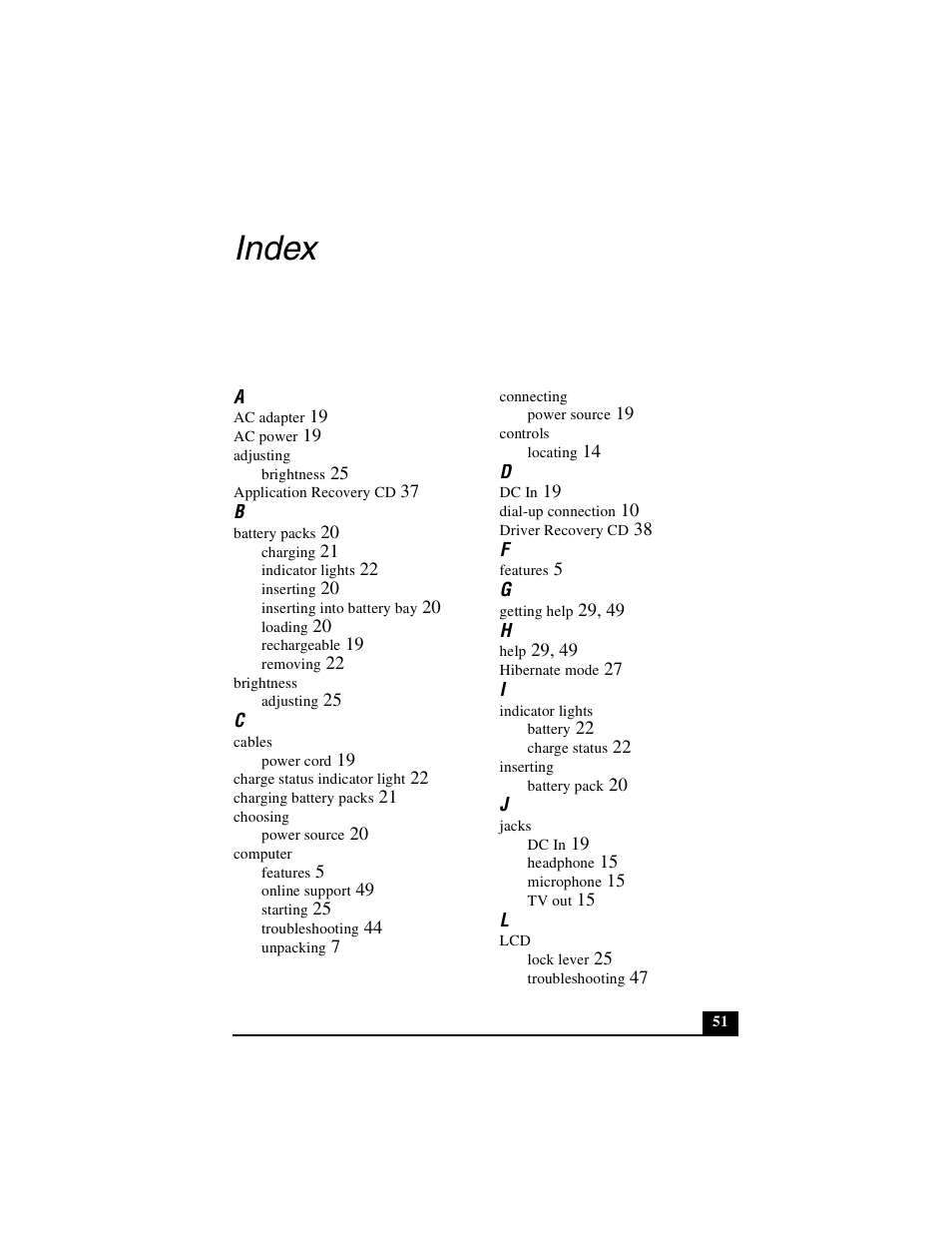 Index | Sony PCG-FXA53 User Manual | Page 51 / 56