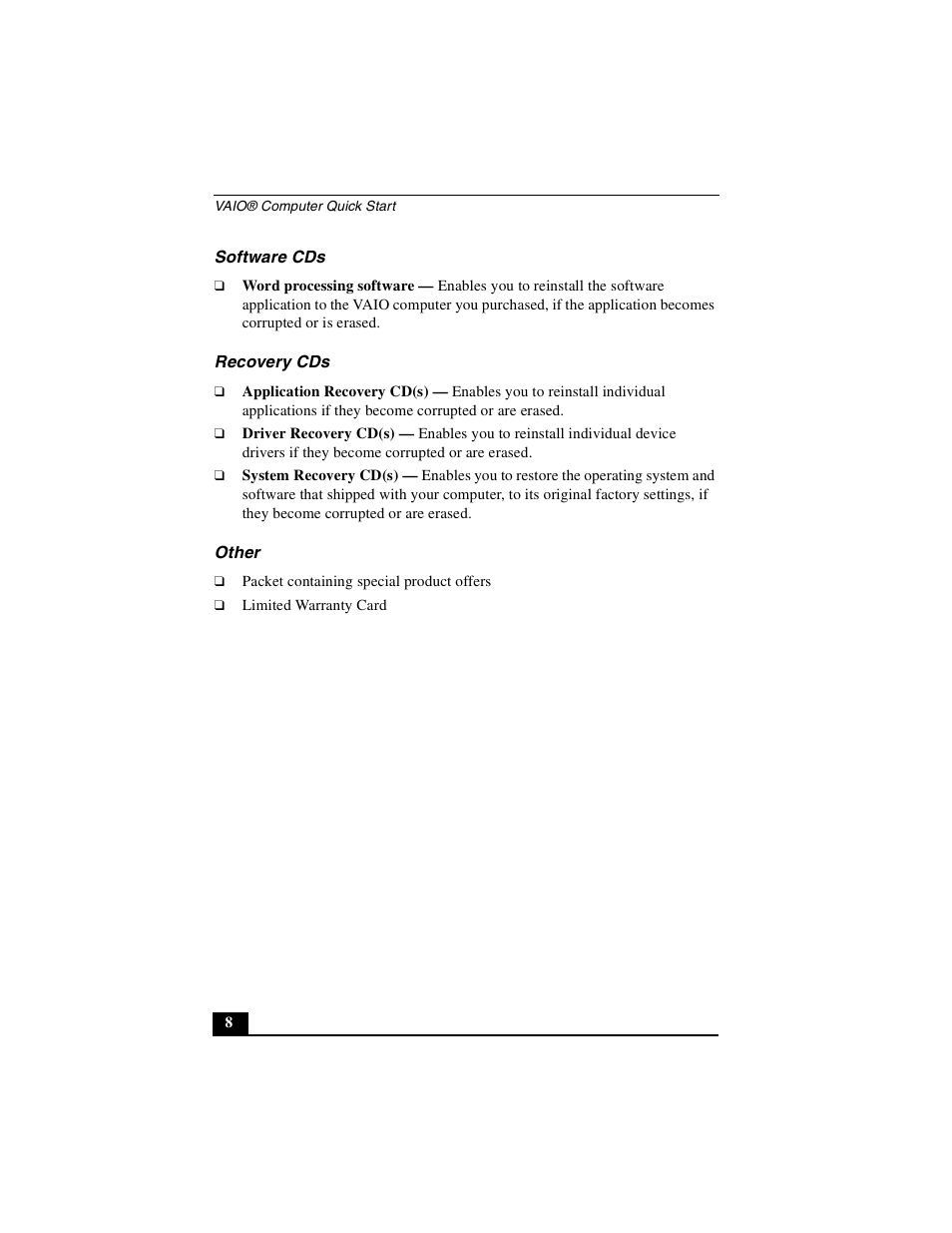 Software cds, Recovery cds, Other | Sony PCG-FXA53 User Manual | Page 8 / 56