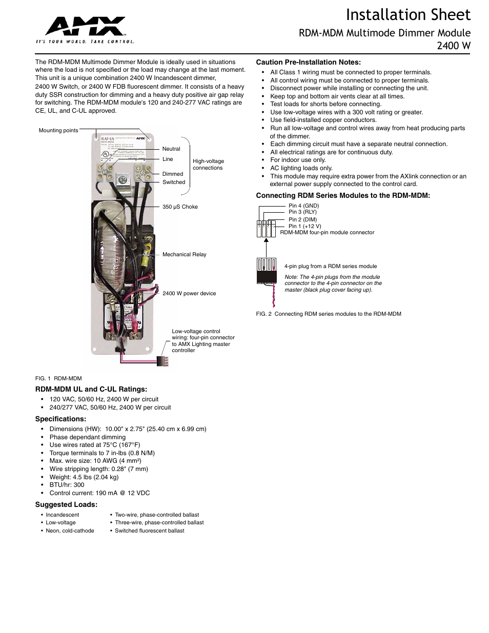 AMX Multimode Dimmer Module RDM-MDM User Manual | 2 pages