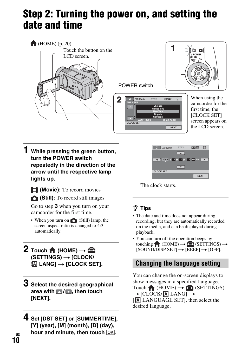 Changing the language setting, P. 10), Step 2: turning the power on, and | Setting the date and time | Sony HDR-SR10D User Manual | Page 10 / 72