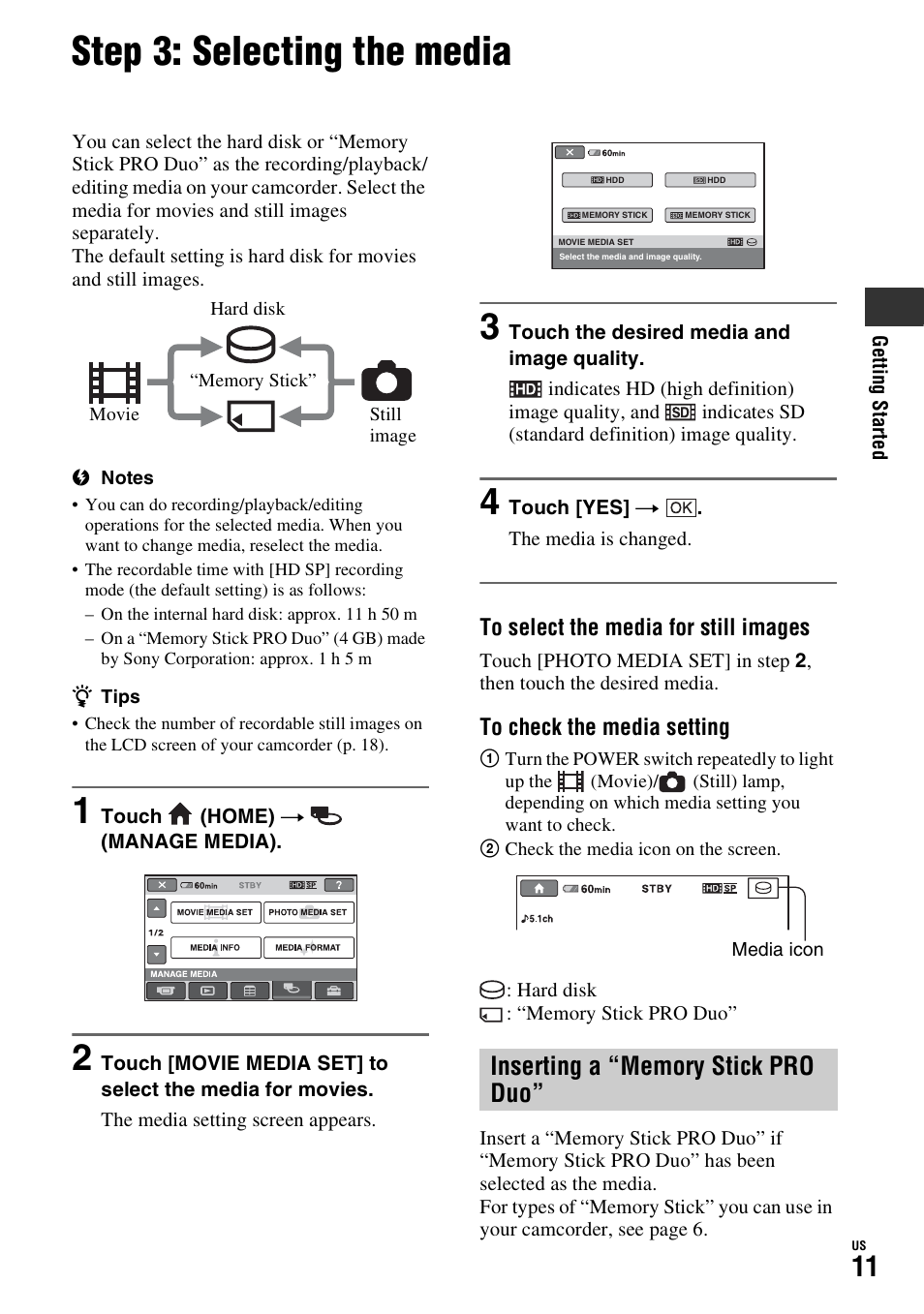 Step 3: selecting the media | Sony HDR-SR10D User Manual | Page 11 / 72