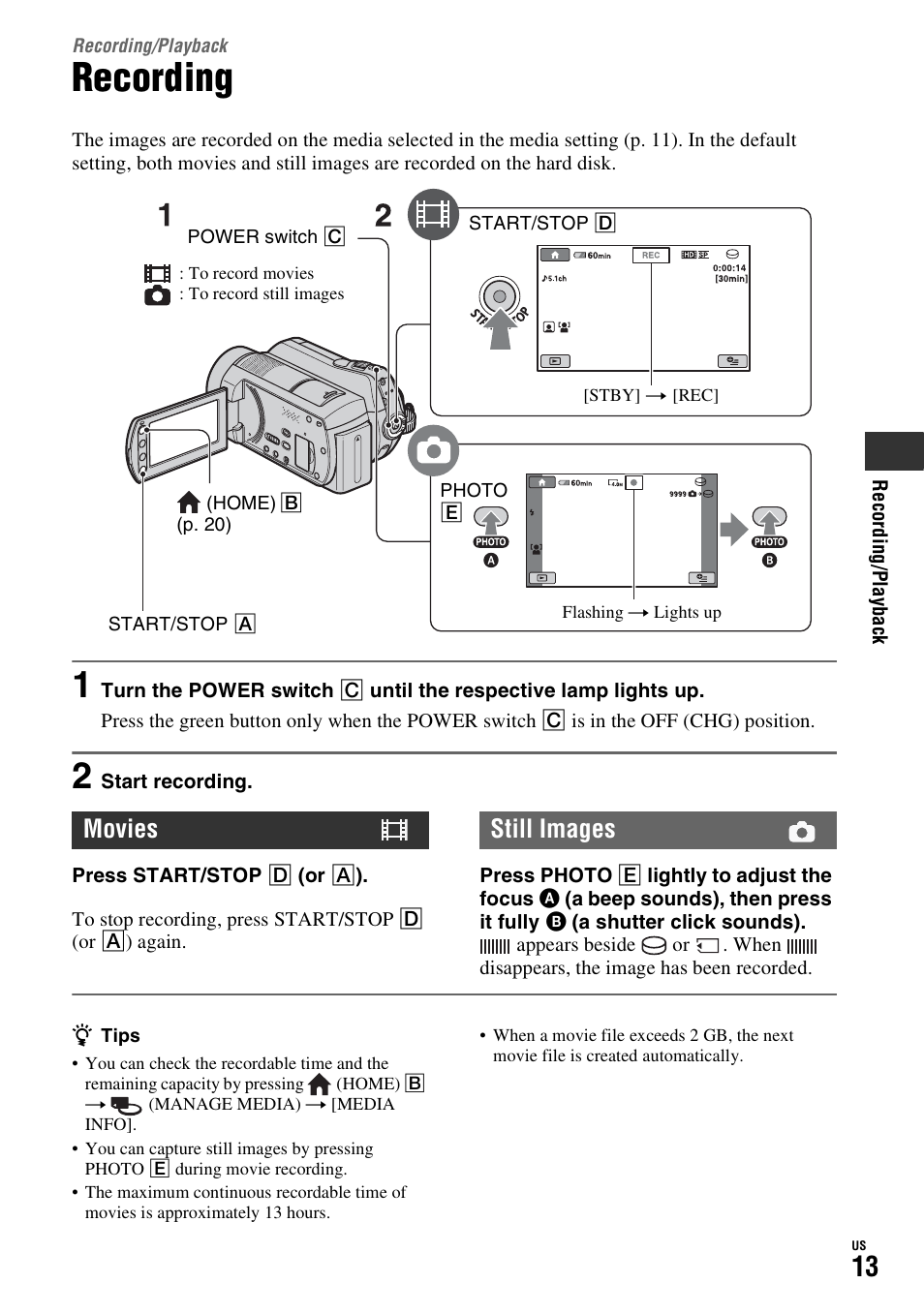 Recording/playback, Recording, Movies still images | Sony HDR-SR10D User Manual | Page 13 / 72