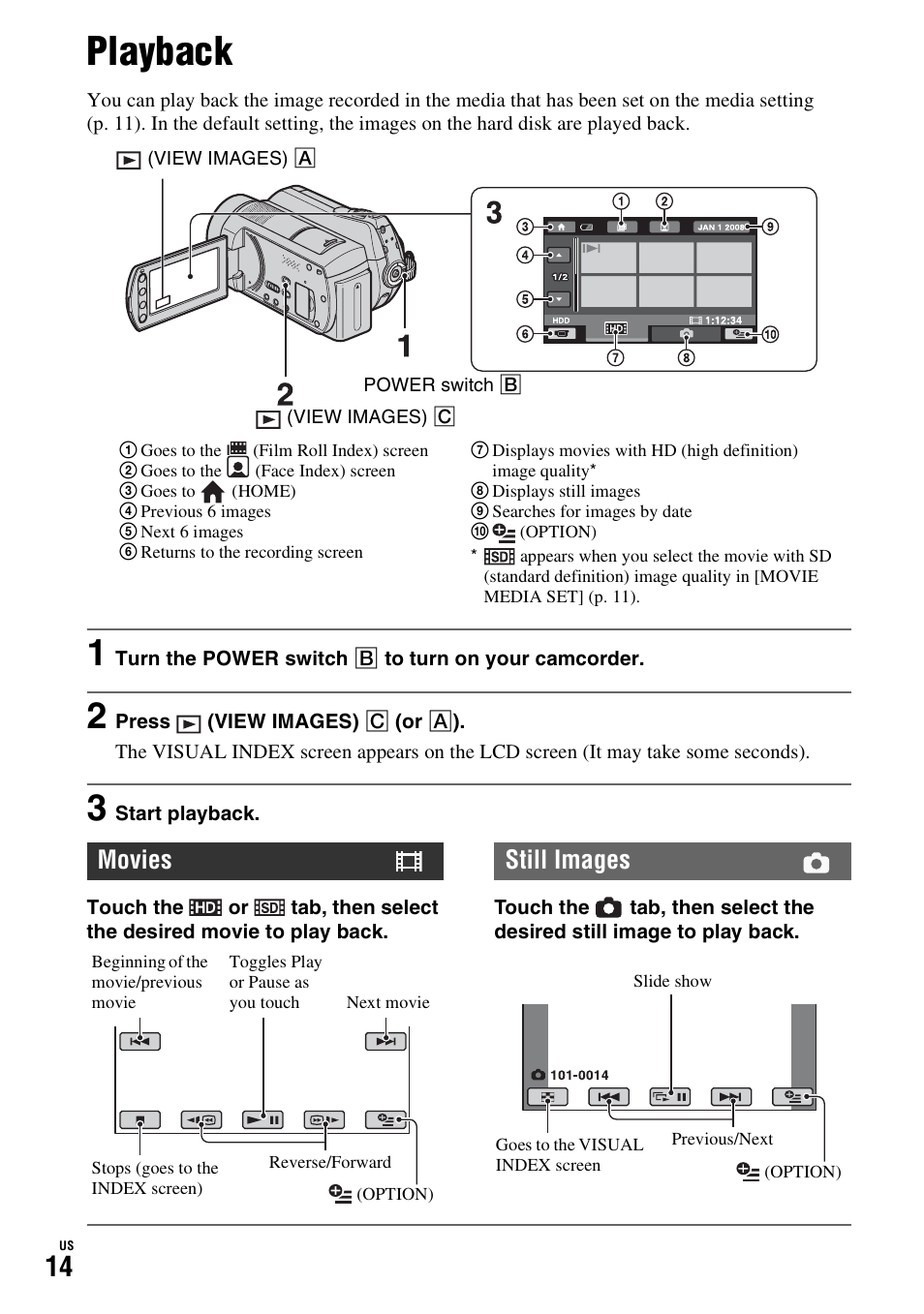 Playback, Movies, Still images | Sony HDR-SR10D User Manual | Page 14 / 72