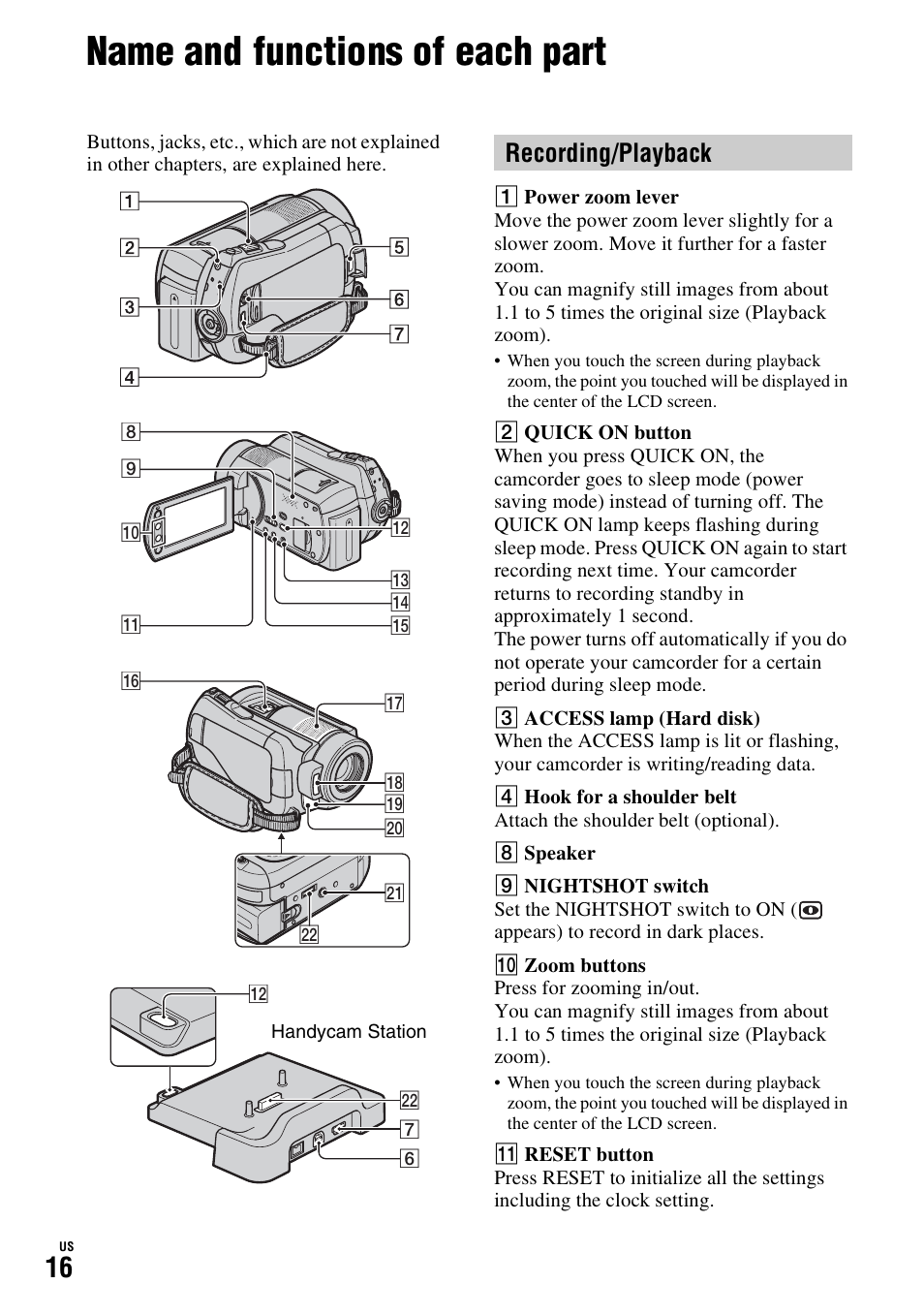 Name and functions of each part, 16) a, Recording/playback | Sony HDR-SR10D User Manual | Page 16 / 72