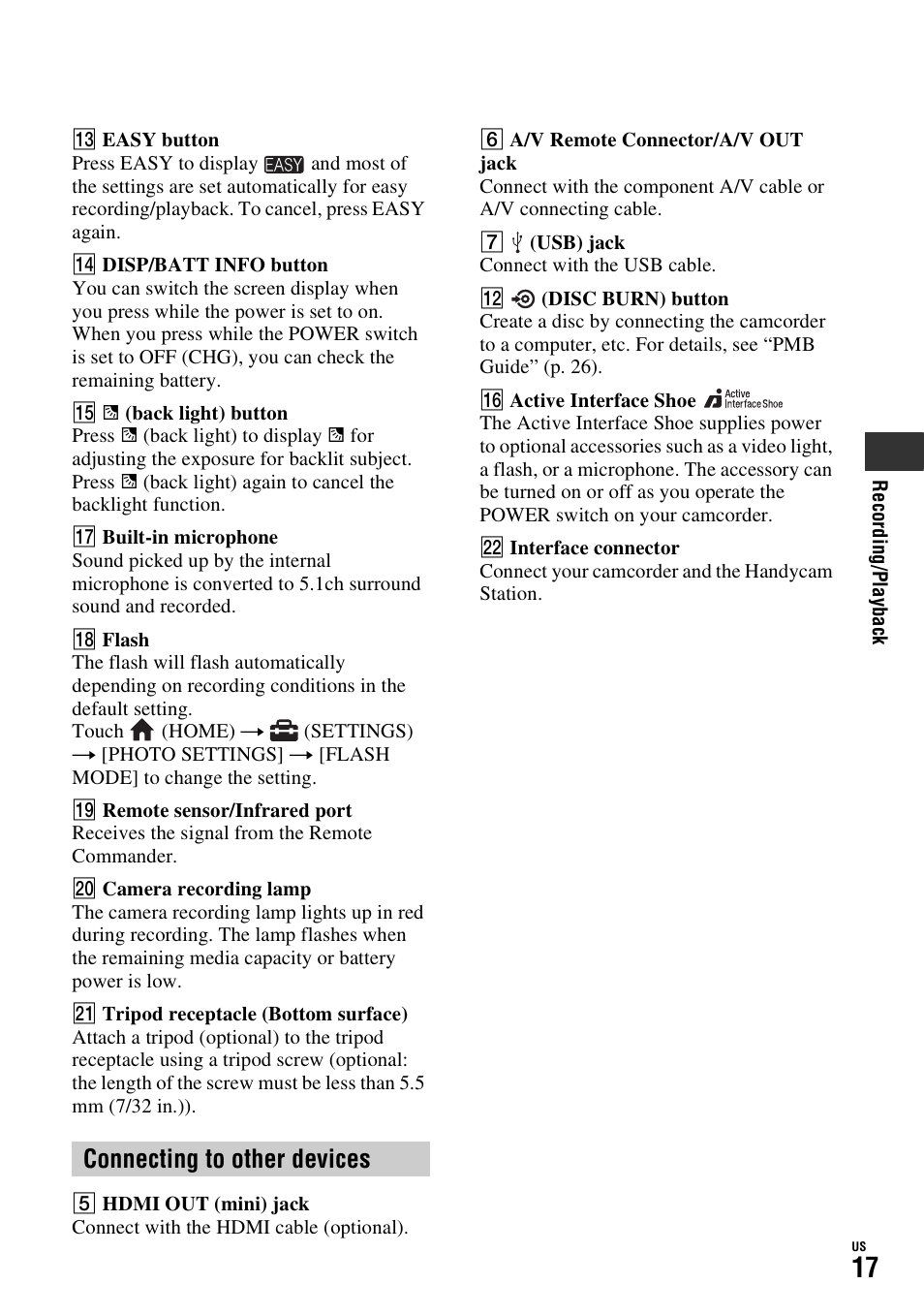 Connecting to other devices | Sony HDR-SR10D User Manual | Page 17 / 72