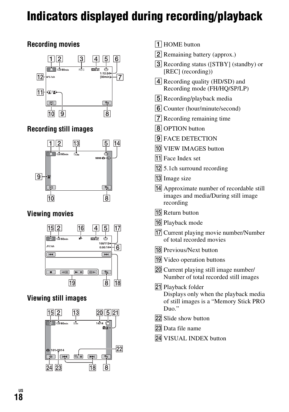 Indicators displayed during recording/playback, Indicators displayed during recording, Playback | Sony HDR-SR10D User Manual | Page 18 / 72