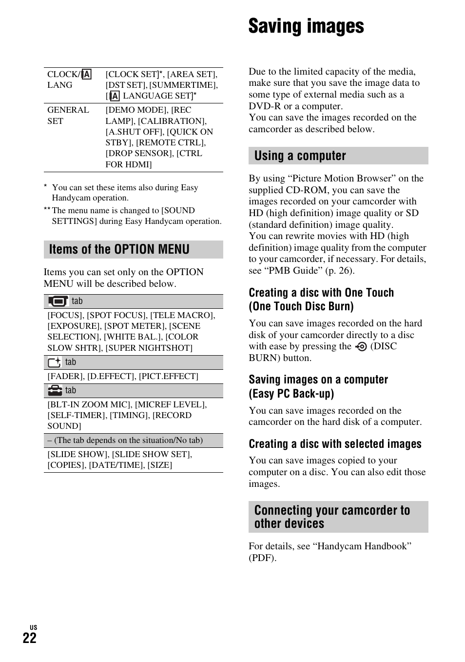 Saving images, Items of the option menu | Sony HDR-SR10D User Manual | Page 22 / 72