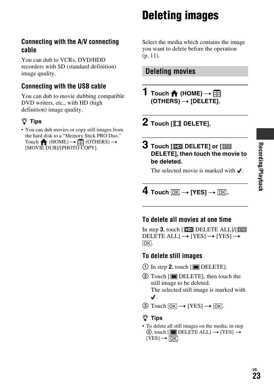 Deleting images, Deleting movies | Sony HDR-SR10D User Manual | Page 23 / 72