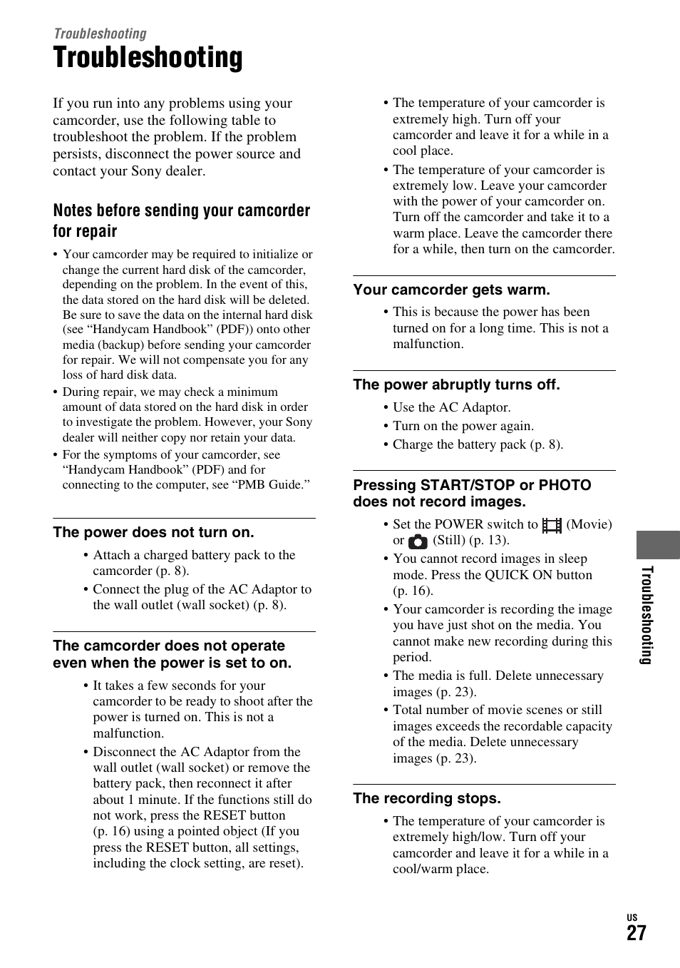 Troubleshooting | Sony HDR-SR10D User Manual | Page 27 / 72