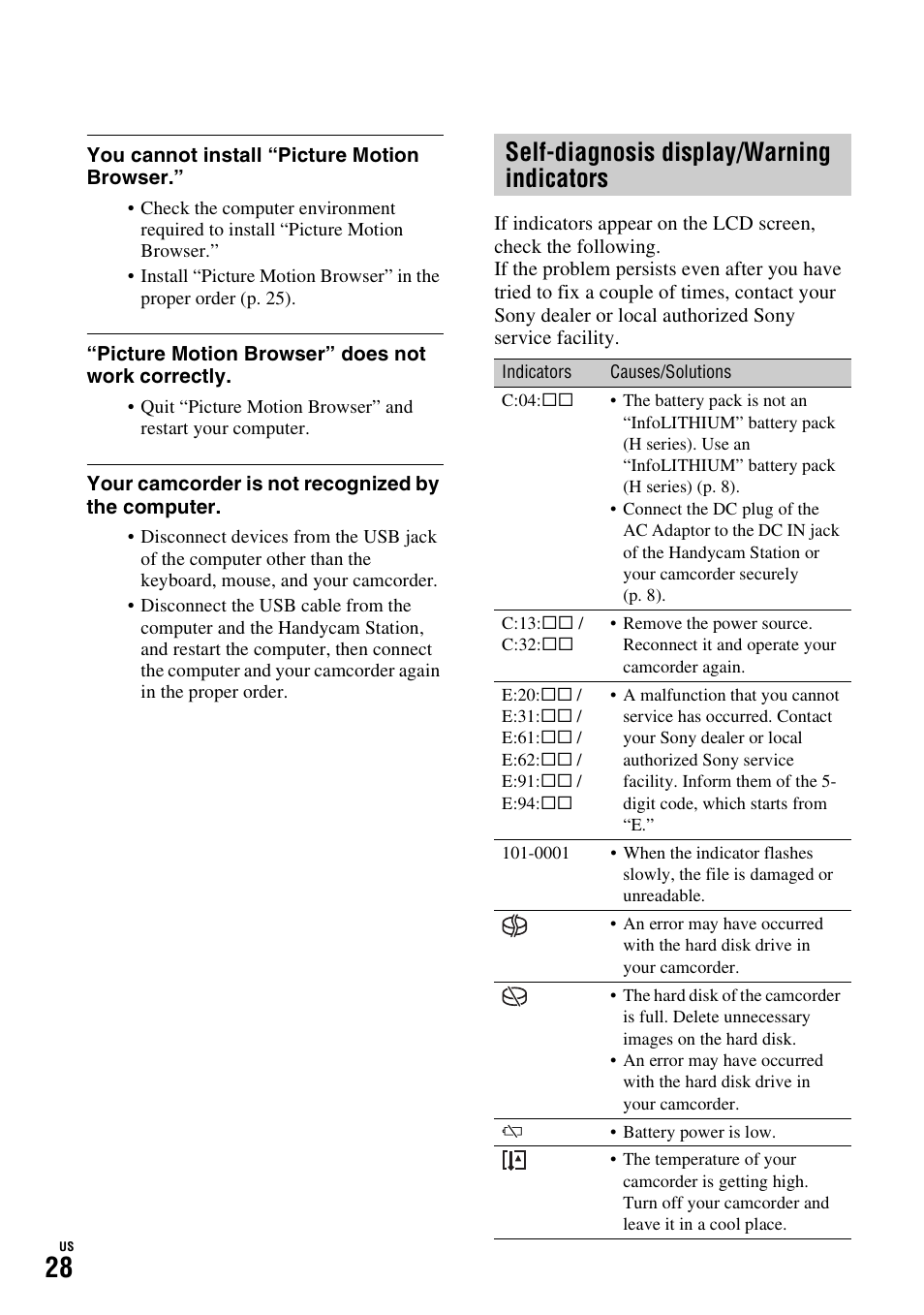 P. 28), Self-diagnosis display/warning indicators | Sony HDR-SR10D User Manual | Page 28 / 72