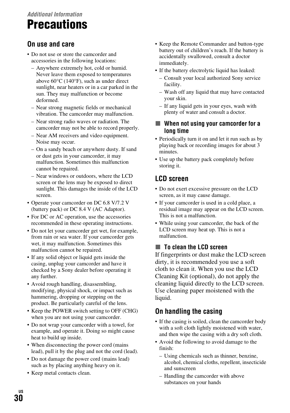 Additional information, Precautions, Ed. see “precautions” (p. 30) | On use and care, Lcd screen, On handling the casing | Sony HDR-SR10D User Manual | Page 30 / 72