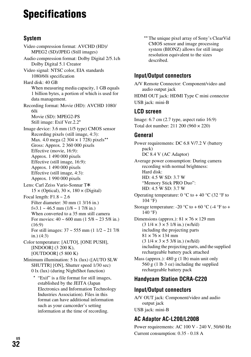 Specifications | Sony HDR-SR10D User Manual | Page 32 / 72