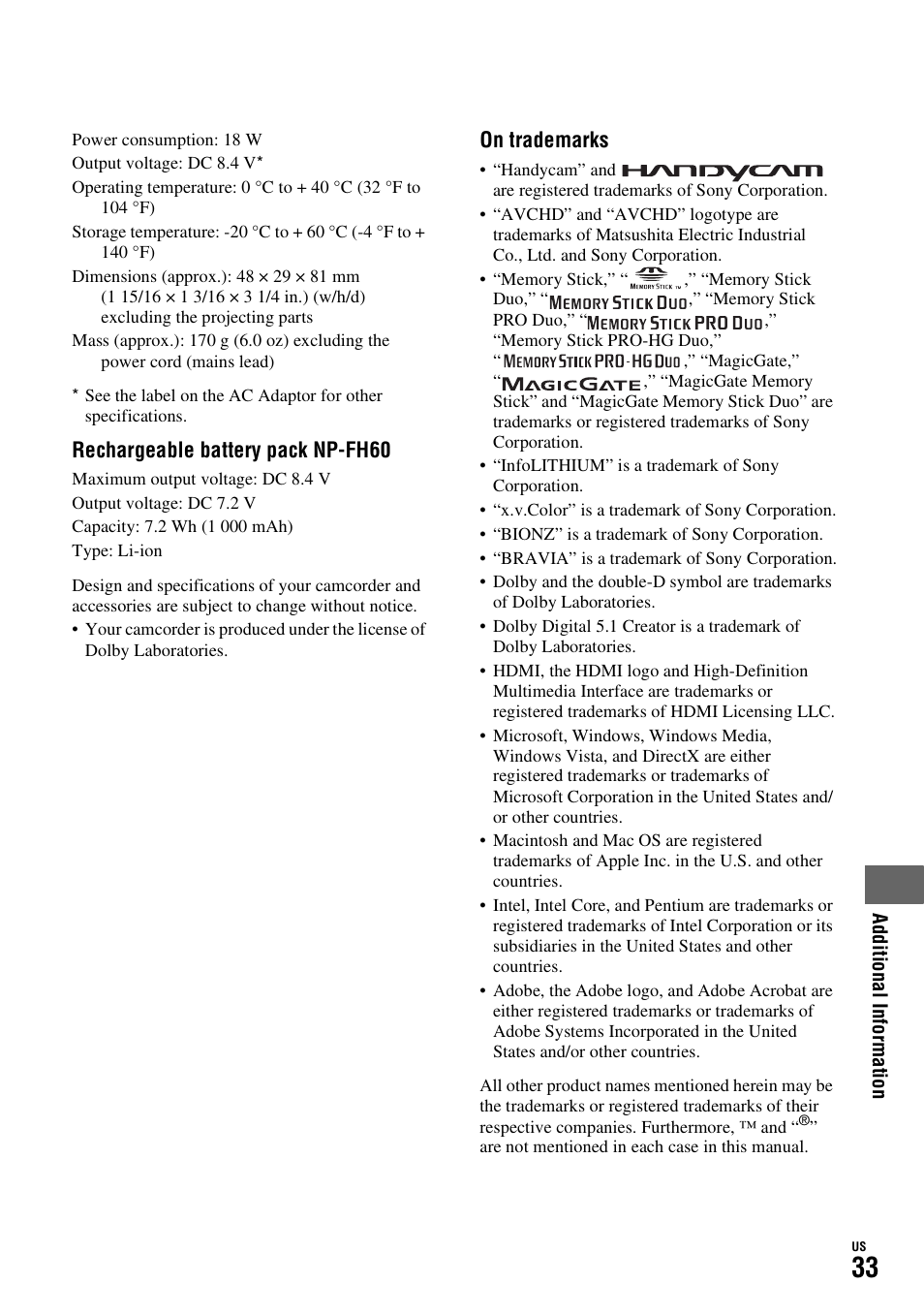 Rechargeable battery pack np-fh60, On trademarks | Sony HDR-SR10D User Manual | Page 33 / 72
