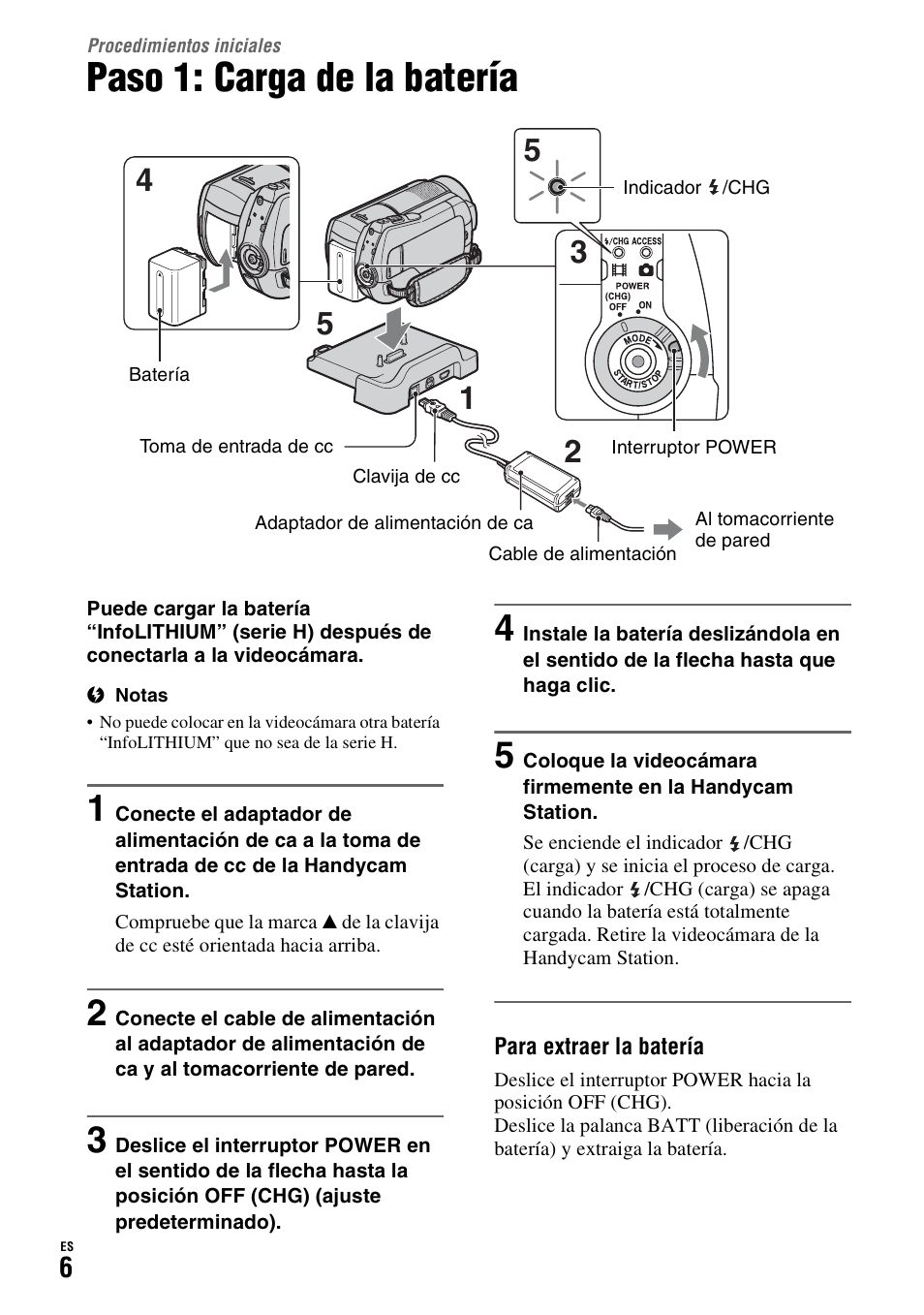 Procedimientos iniciales, Paso 1: carga de la batería | Sony HDR-SR10D User Manual | Page 38 / 72