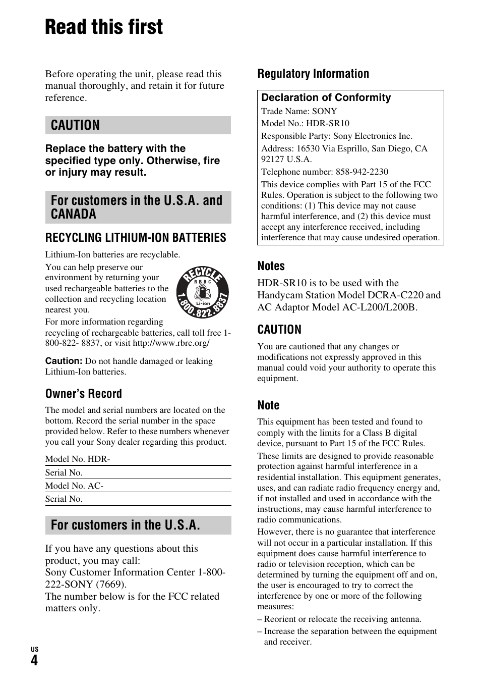 Read this first, Caution for customers in the u.s.a. and canada, For customers in the u.s.a | Sony HDR-SR10D User Manual | Page 4 / 72