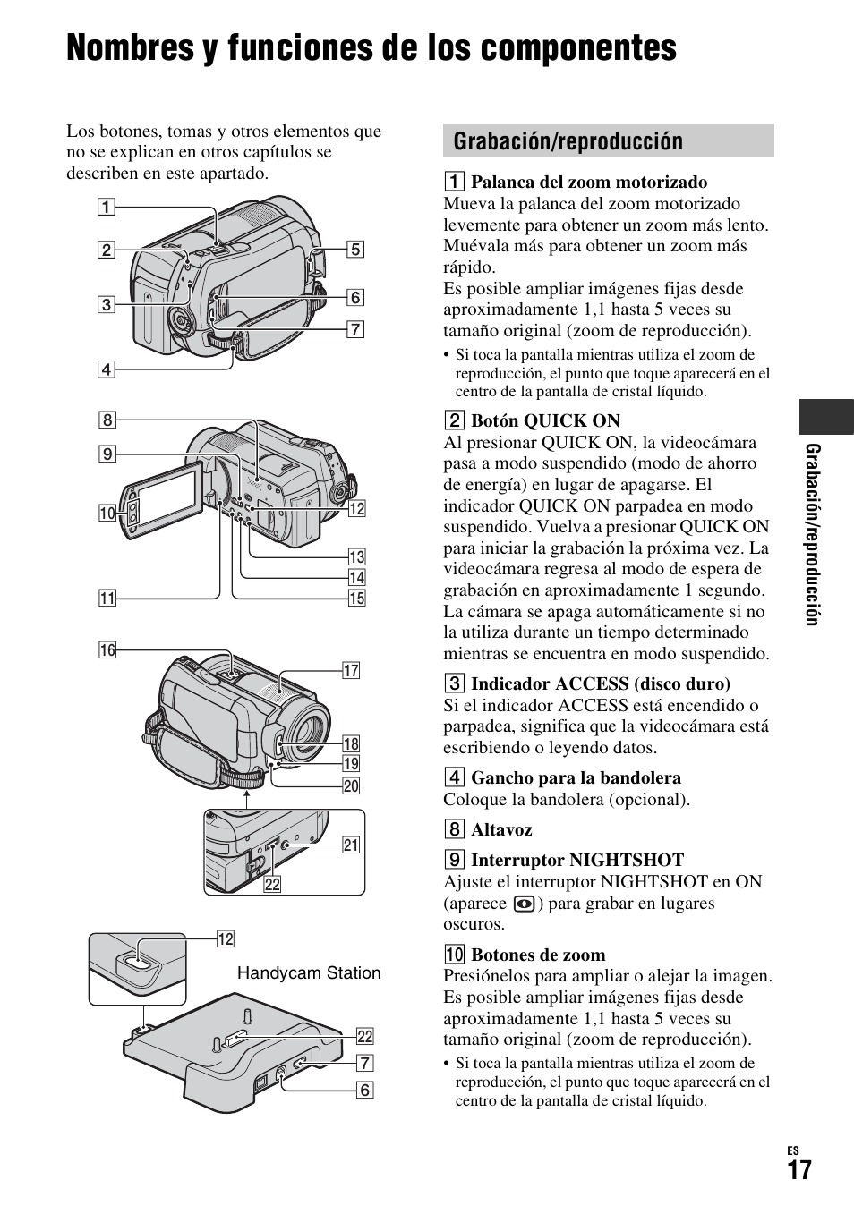 Nombres y funciones de los componentes, Nombres y funciones de los, Componentes | Grabación/reproducción | Sony HDR-SR10D User Manual | Page 49 / 72
