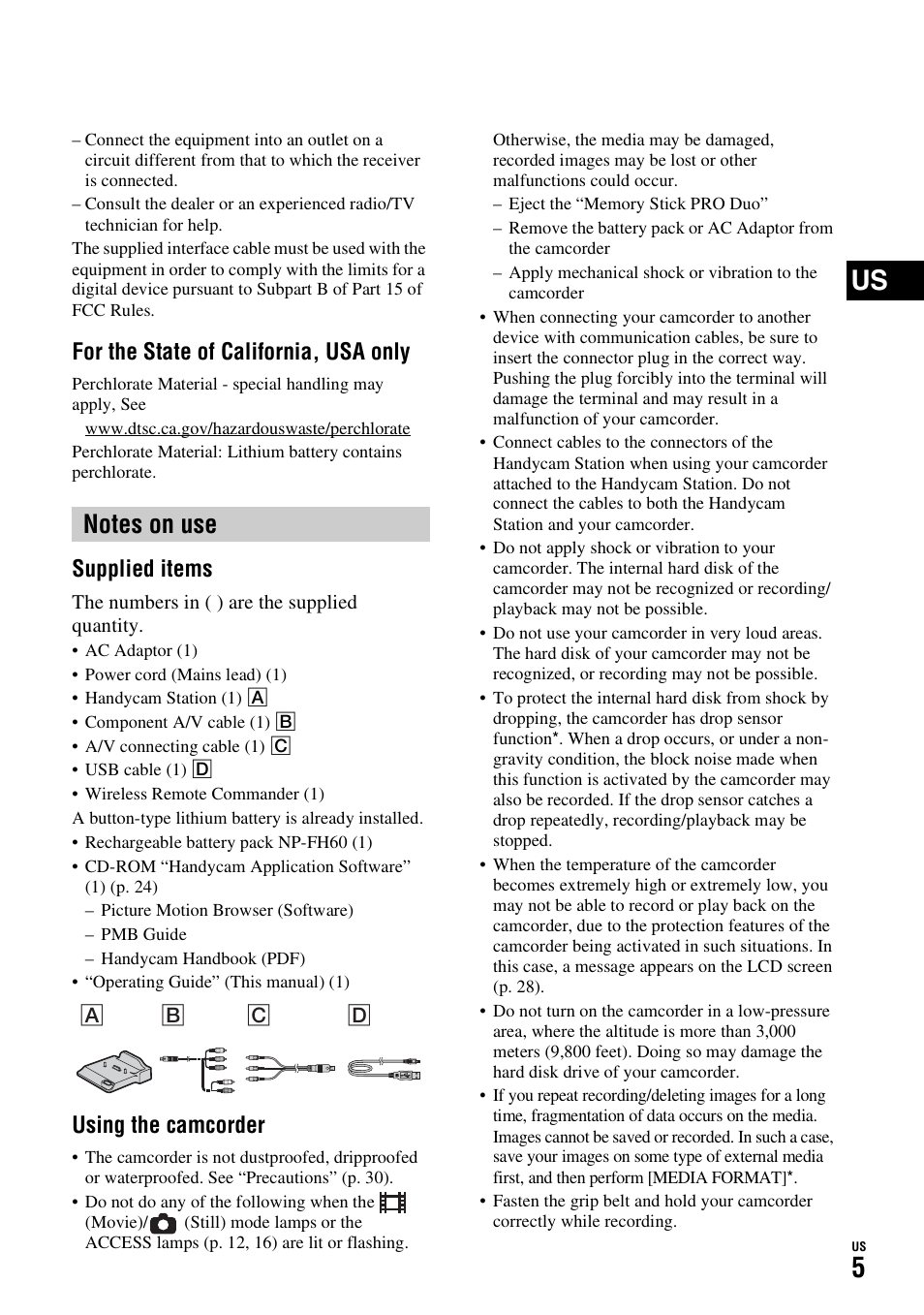 For the state of california, usa only, Supplied items, Using the camcorder | Sony HDR-SR10D User Manual | Page 5 / 72