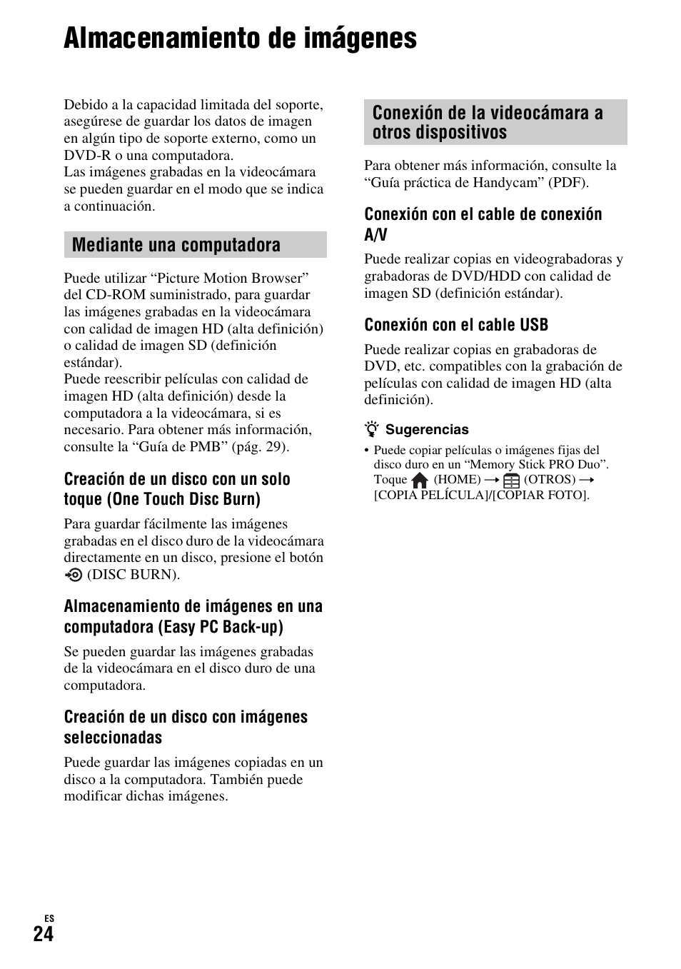 Almacenamiento de imágenes | Sony HDR-SR10D User Manual | Page 56 / 72