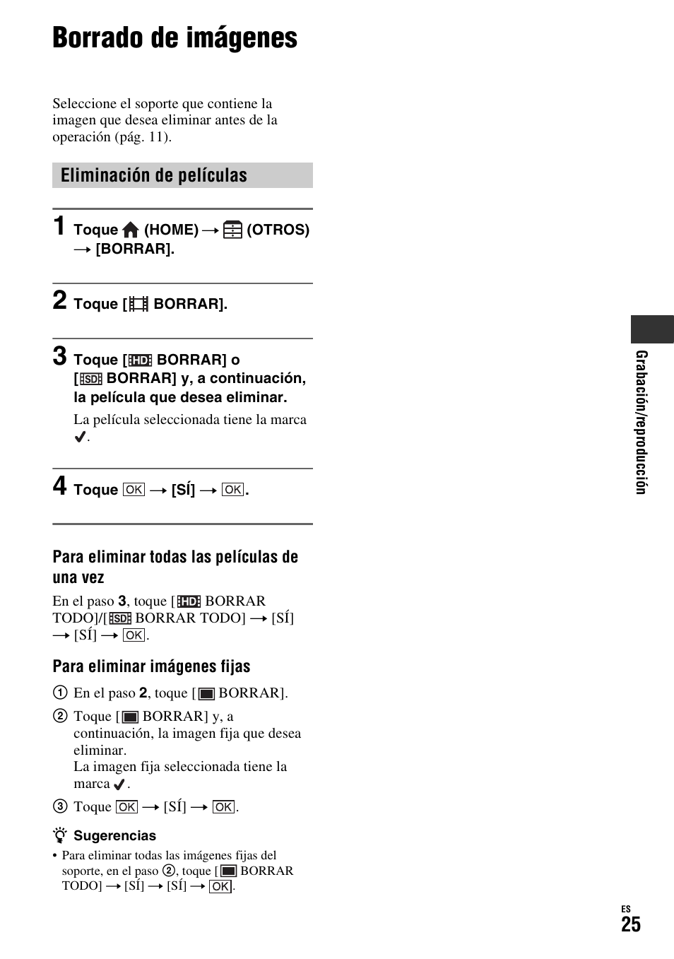 Borrado de imágenes, Eliminación de películas | Sony HDR-SR10D User Manual | Page 57 / 72
