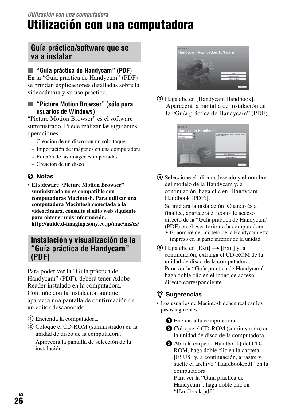 Utilización con una computadora, Pág. 26), Instalación y visualización de la | Guía práctica de handycam” (pdf), Utilización con una, Computadora | Sony HDR-SR10D User Manual | Page 58 / 72