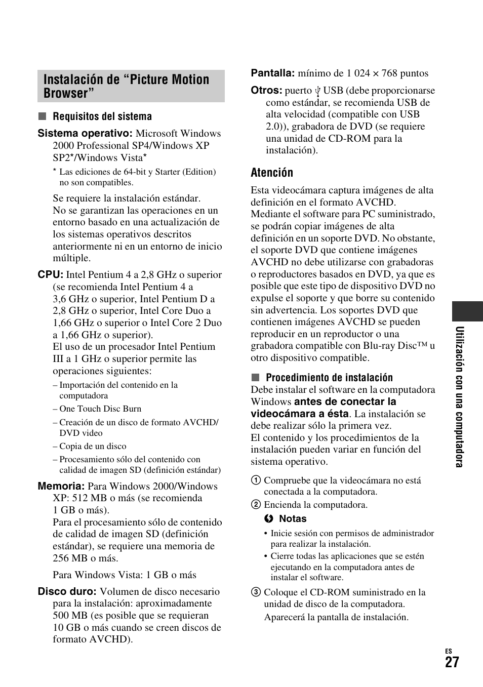 Instalación de “picture motion browser, Instalación de “picture motion, Browser | Atención | Sony HDR-SR10D User Manual | Page 59 / 72