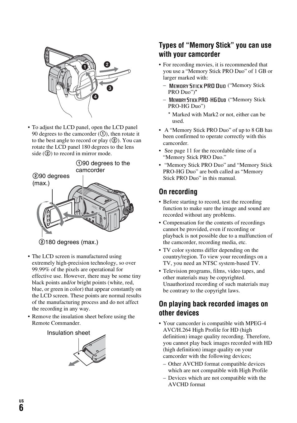 On recording, On playing back recorded images on other devices | Sony HDR-SR10D User Manual | Page 6 / 72