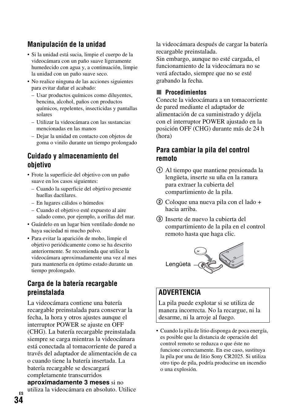 Manipulación de la unidad, Cuidado y almacenamiento del objetivo, Carga de la batería recargable preinstalada | Para cambiar la pila del control remoto, Advertencia | Sony HDR-SR10D User Manual | Page 66 / 72
