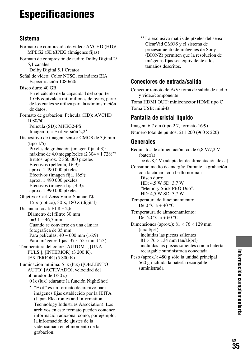 Especificaciones | Sony HDR-SR10D User Manual | Page 67 / 72