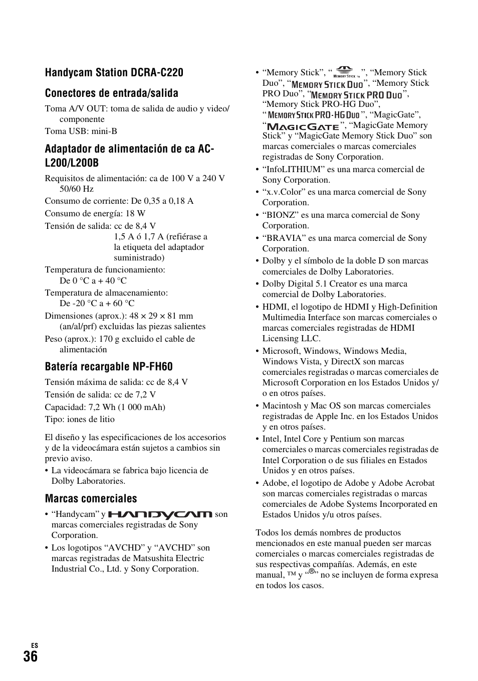 Batería recargable np-fh60, Marcas comerciales | Sony HDR-SR10D User Manual | Page 68 / 72