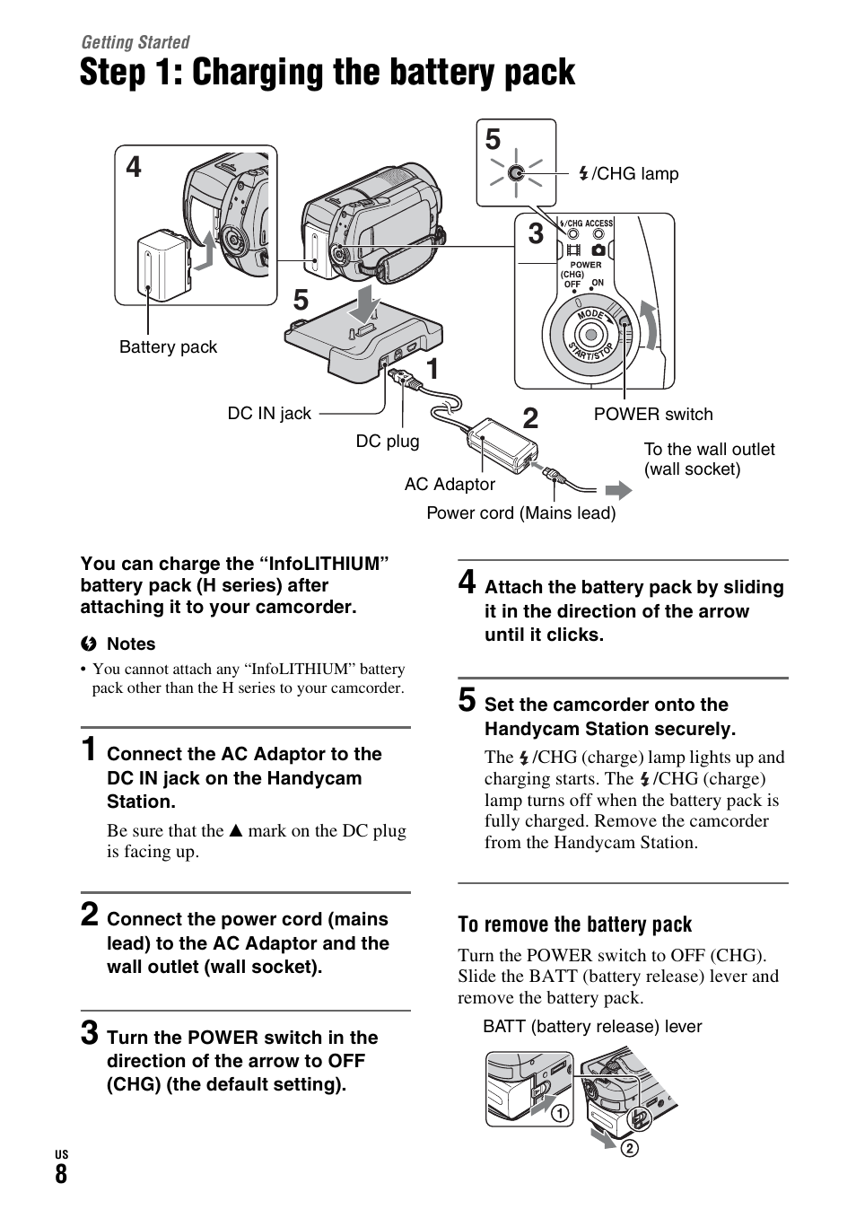 Getting started, Step 1: charging the battery pack | Sony HDR-SR10D User Manual | Page 8 / 72