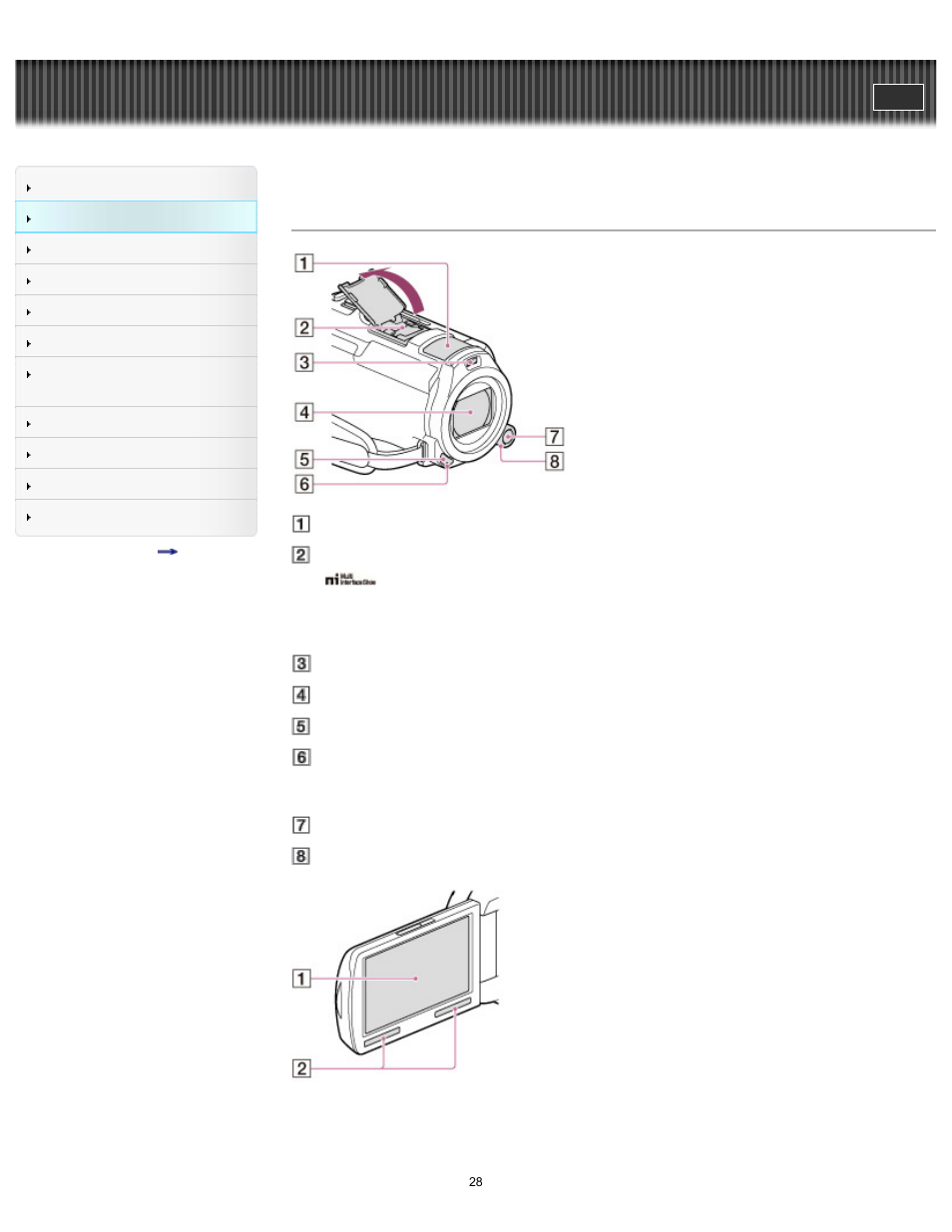 Parts and controls, Details, Handycam" user guide | Sony HDR-PJ650V User Manual | Page 28 / 287