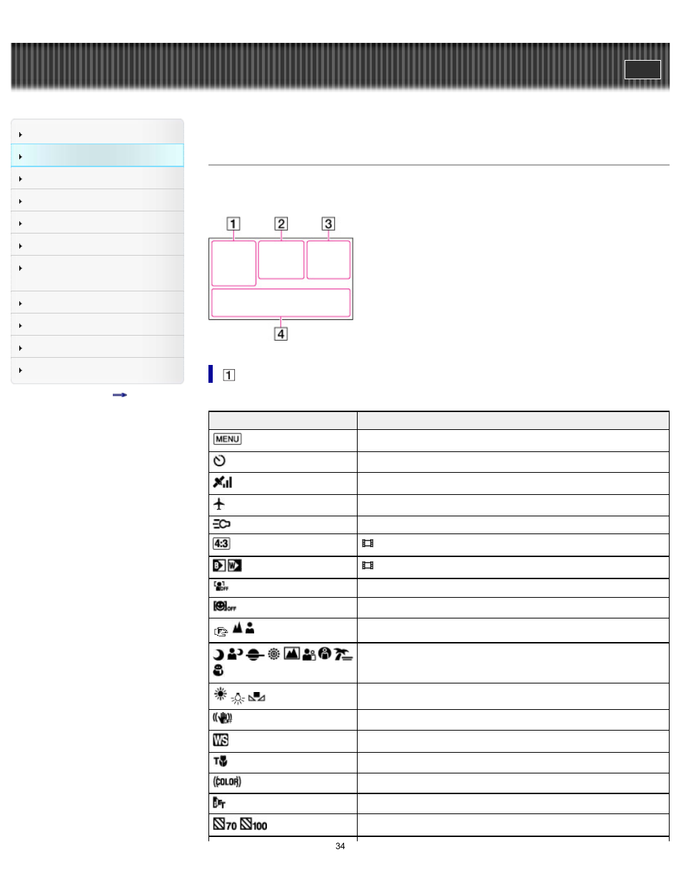 Screen indicators, Handycam" user guide | Sony HDR-PJ650V User Manual | Page 34 / 287