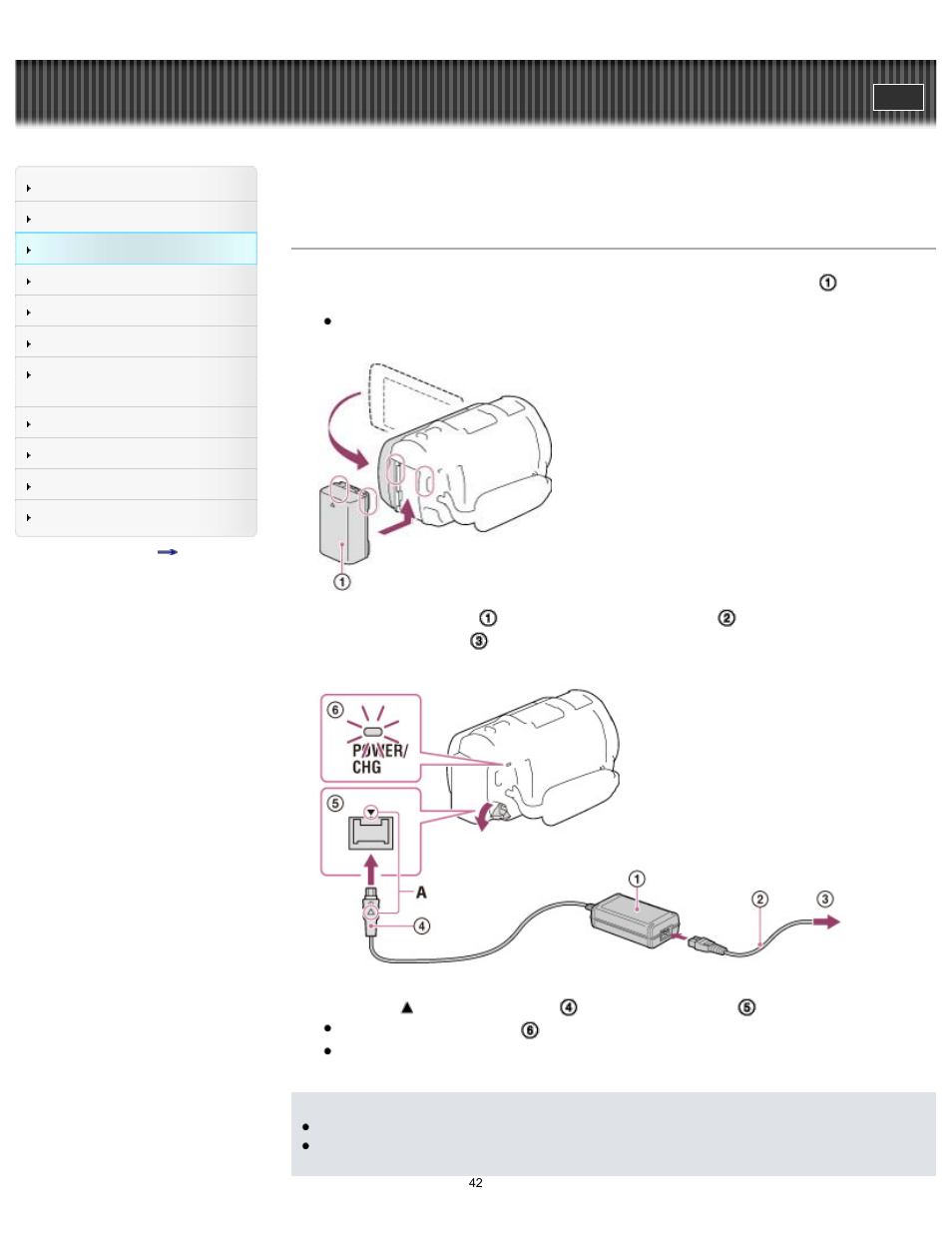 Charging the battery pack using the ac adaptor, Handycam" user guide | Sony HDR-PJ650V User Manual | Page 42 / 287