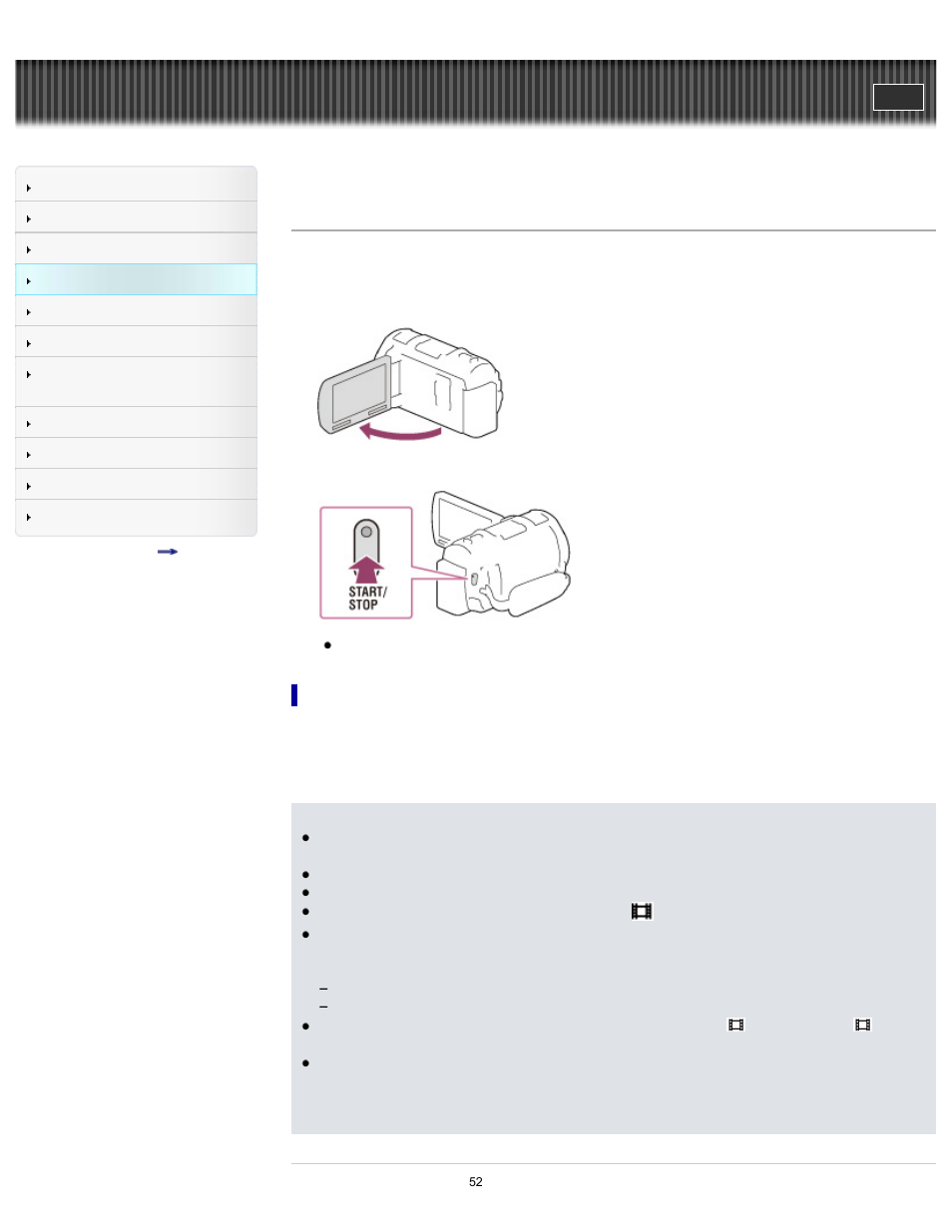 Recording movies, Handycam" user guide | Sony HDR-PJ650V User Manual | Page 52 / 287