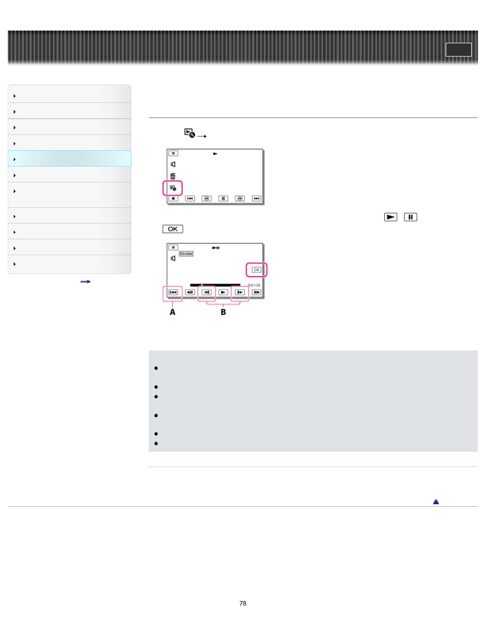 Dividing a movie, Handycam" user guide | Sony HDR-PJ650V User Manual | Page 78 / 287