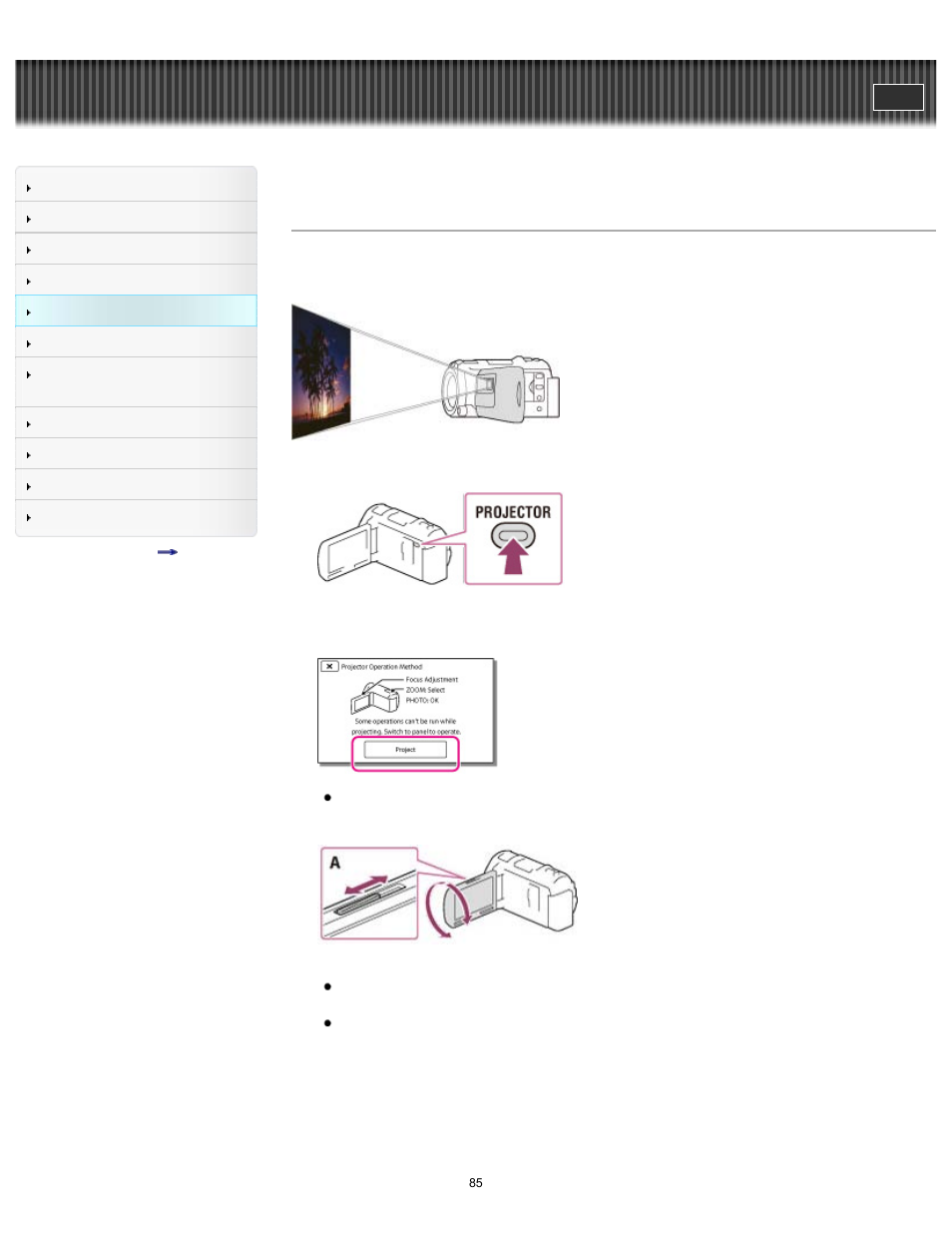 Using the built-in projector, Handycam" user guide | Sony HDR-PJ650V User Manual | Page 85 / 287