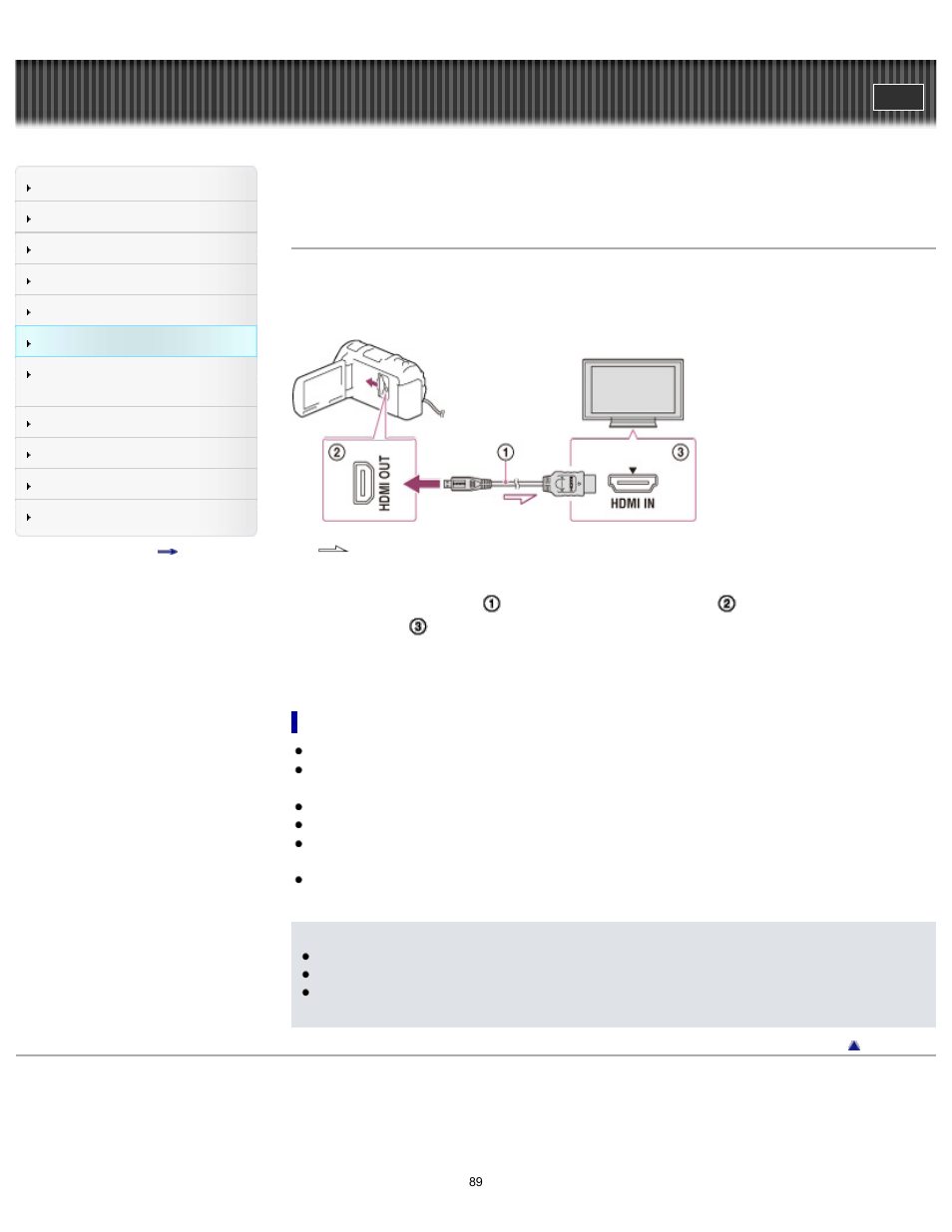 Connecting the camcorder to a high definition tv, On an hdmi cable, Handycam" user guide | Sony HDR-PJ650V User Manual | Page 89 / 287